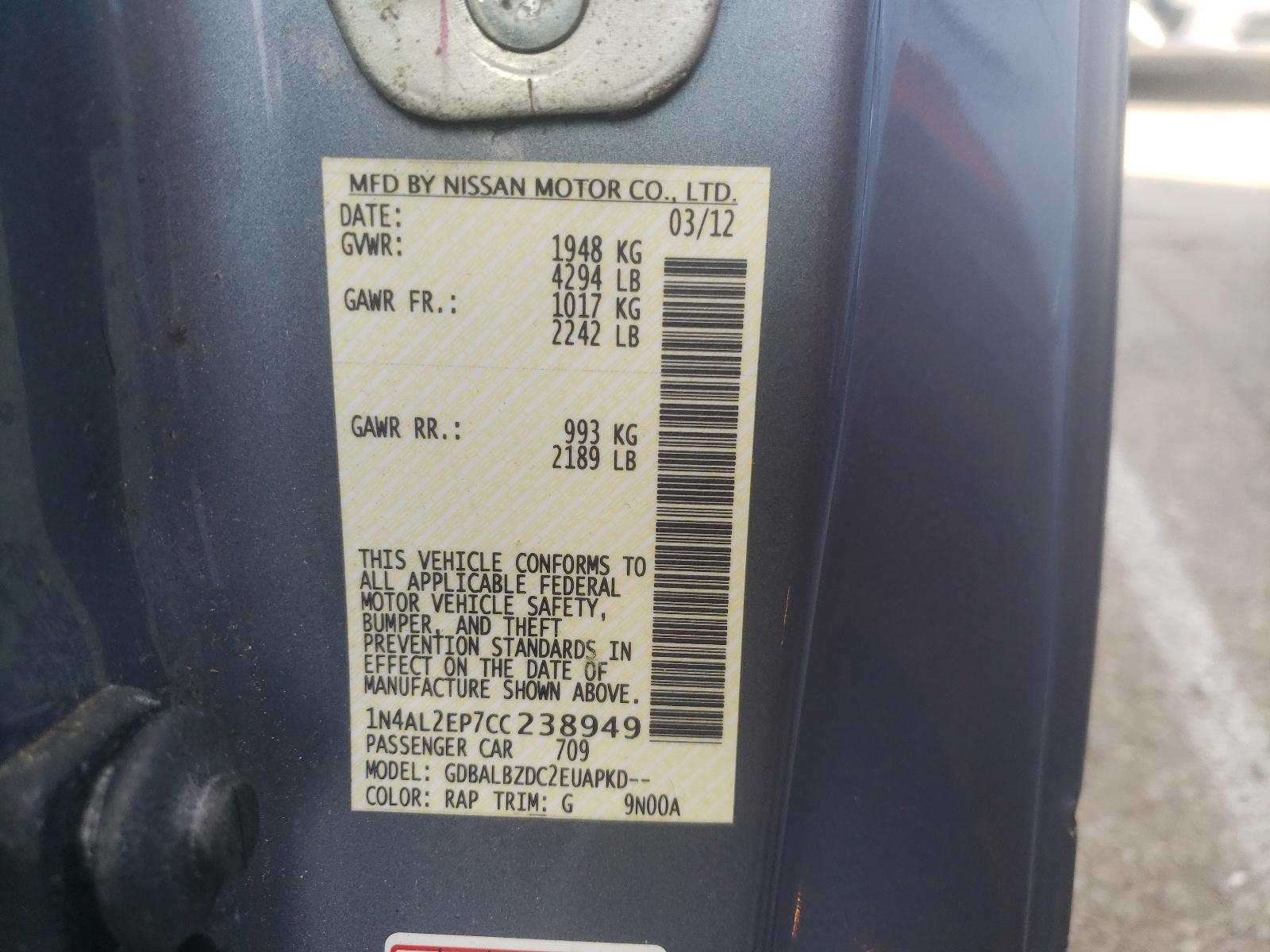 Photo 10 from auction – 2012 NISSAN ALTIMA S with VIN 1N4AL2EP7CC238949
