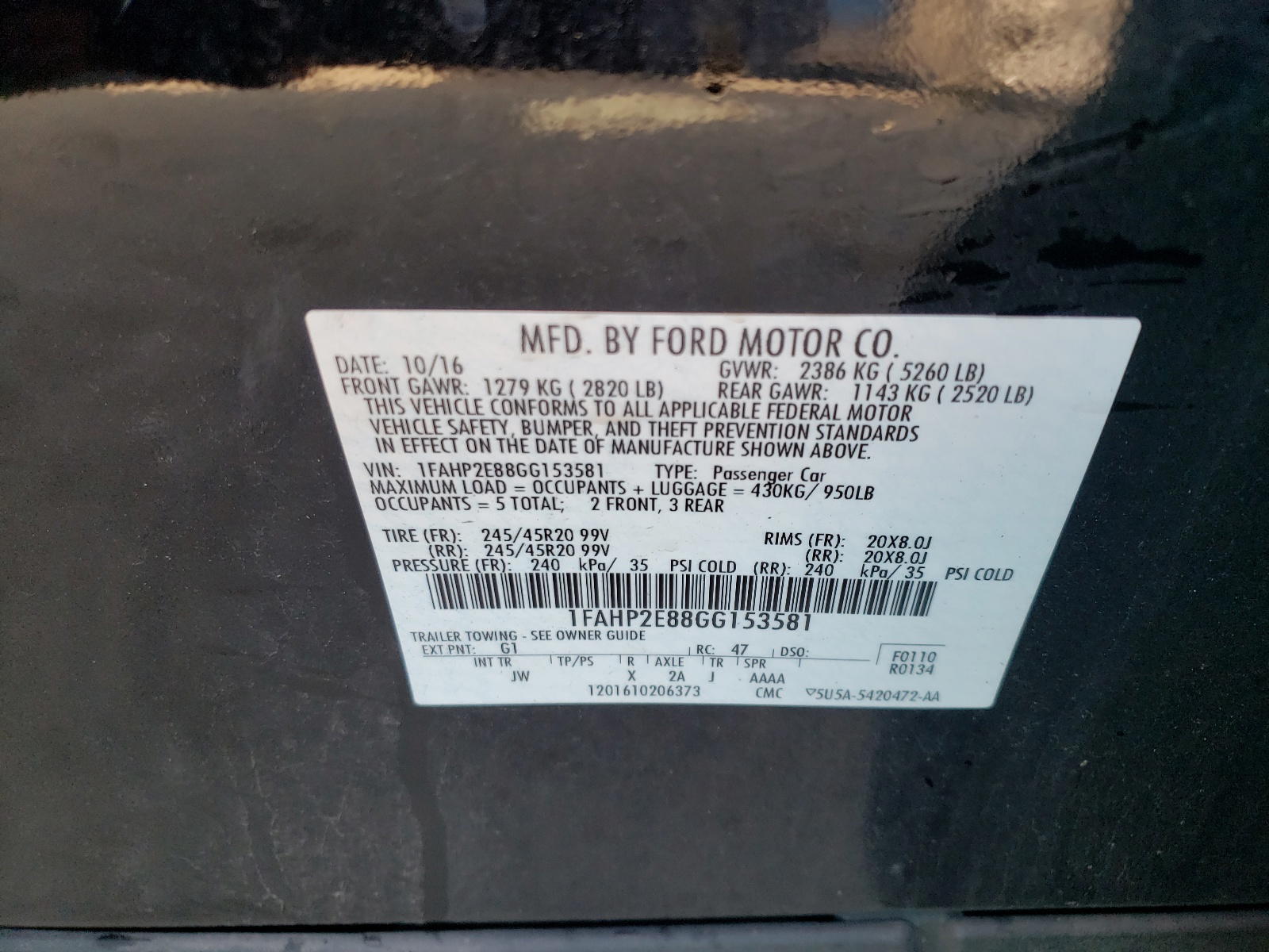 Photo 10 from auction – 2016 FORD TAURUS SEL with VIN 1FAHP2E88GG153581