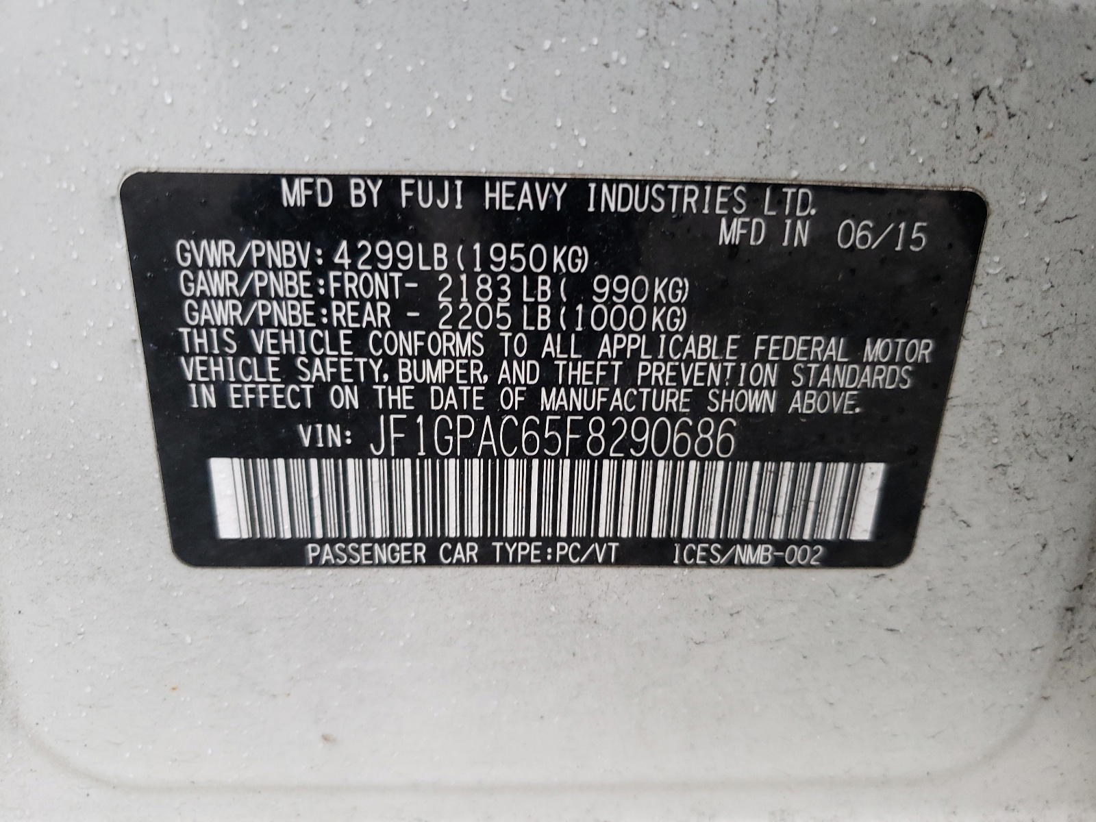 Photo 10 from auction – 2015 SUBARU IMPREZA PR with VIN JF1GPAC65F8290686