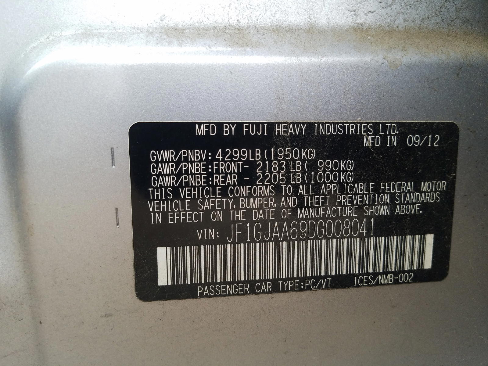 Photo 10 from auction – 2013 SUBARU IMPREZA with VIN JF1GJAA69DG008041