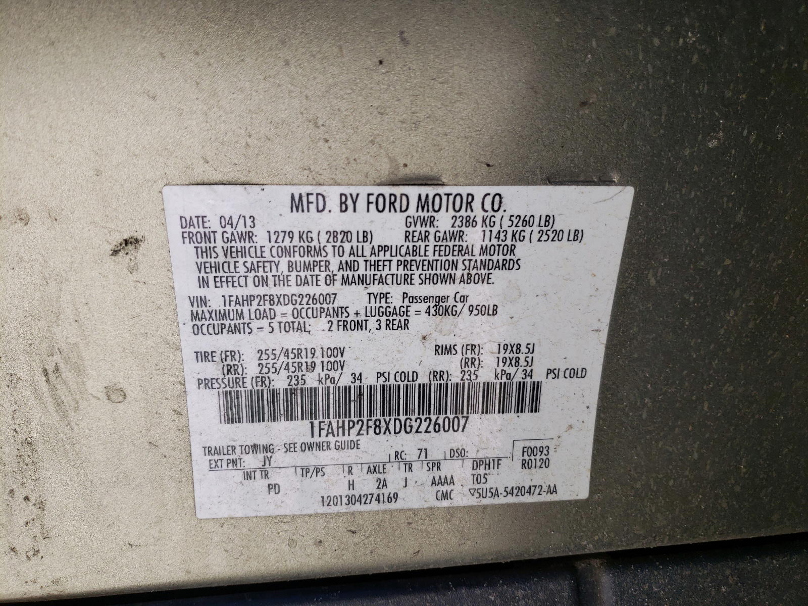 Photo 10 from auction – 2013 FORD TAURUS LIM with VIN 1FAHP2F8XDG226007