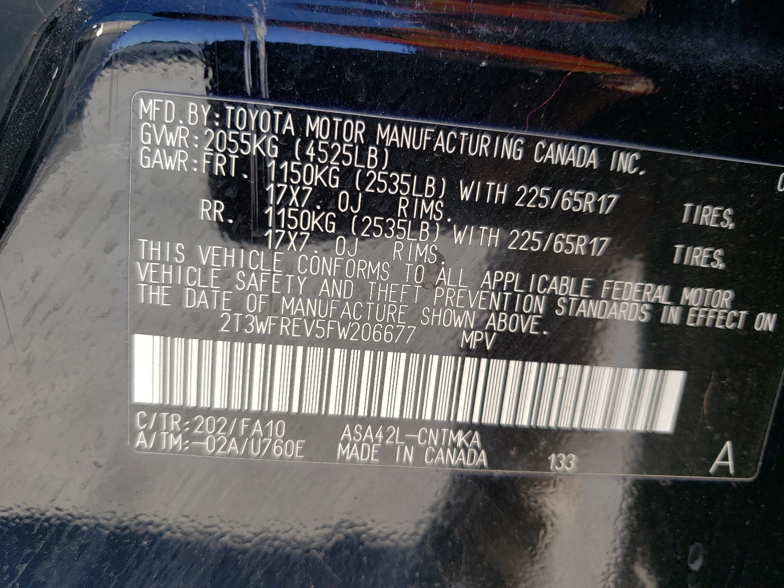 Photo 10 from auction – 2015 TOYOTA RAV4 XLE with VIN 2T3WFREV5FW206677