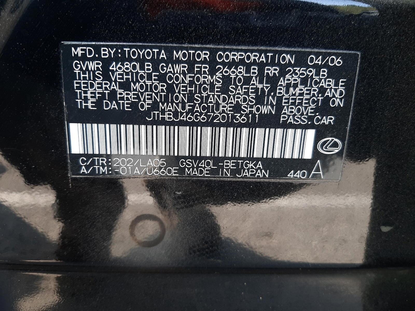 Photo 10 from auction – 2007 LEXUS ES 350 with VIN JTHBJ46G672013611