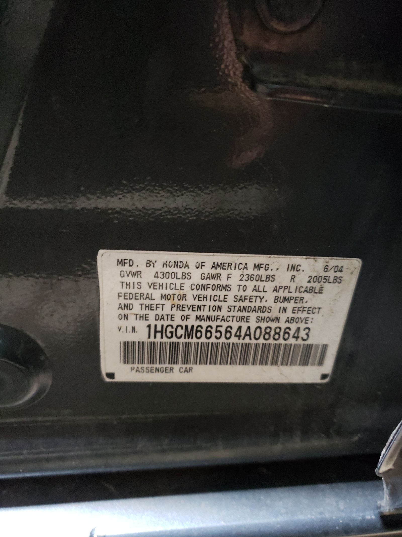 Photo 10 from auction – 2004 HONDA ACCORD EX with VIN 1HGCM66564A088643