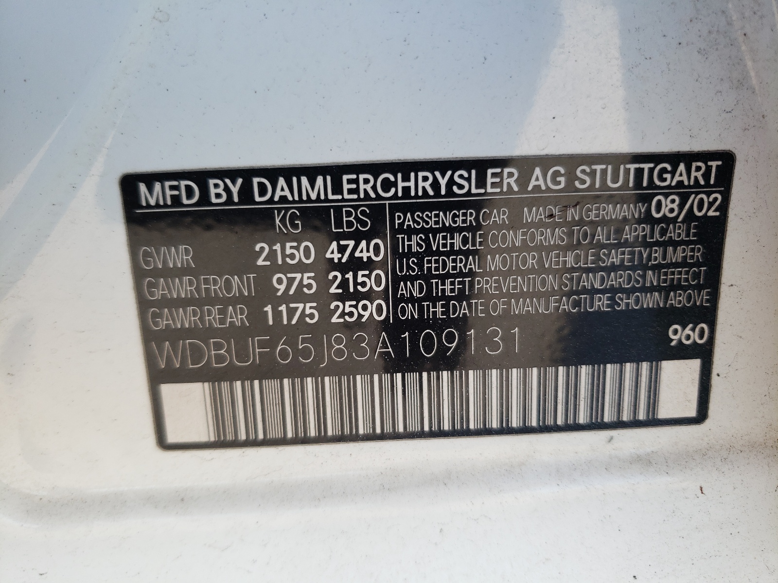 Photo 10 from auction – 2003 MERCEDES-BENZ E 320 with VIN WDBUF65J83A109131