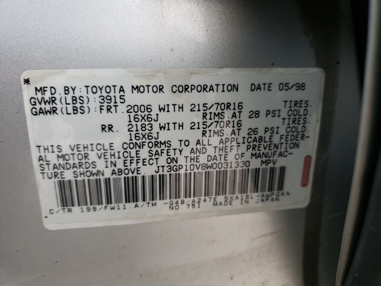 Photo 10 from auction – 1998 TOYOTA RAV4 with VIN JT3GP10V8W0031330