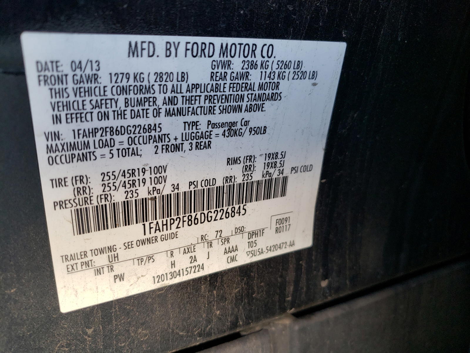 Photo 10 from auction – 2013 FORD TAURUS LIM with VIN 1FAHP2F86DG226845