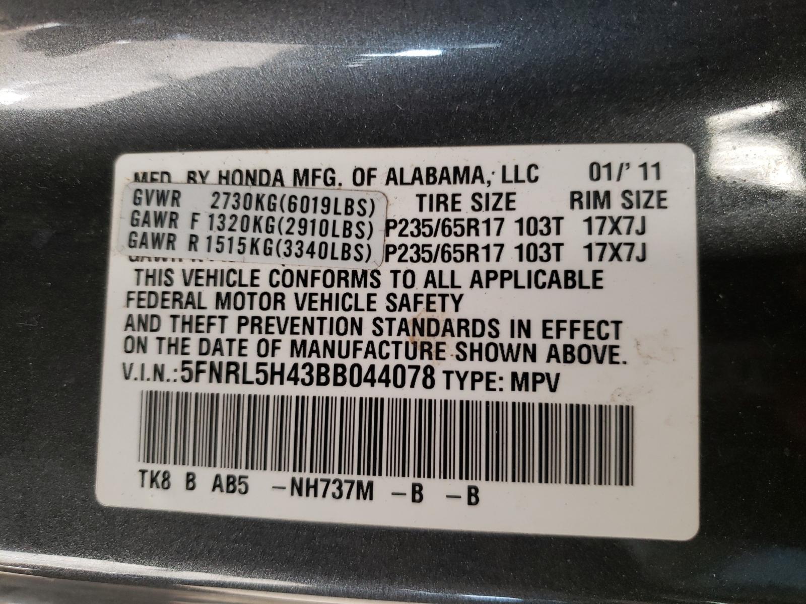 Photo 10 from auction – 2011 HONDA ODYSSEY EX with VIN 5FNRL5H43BB044078