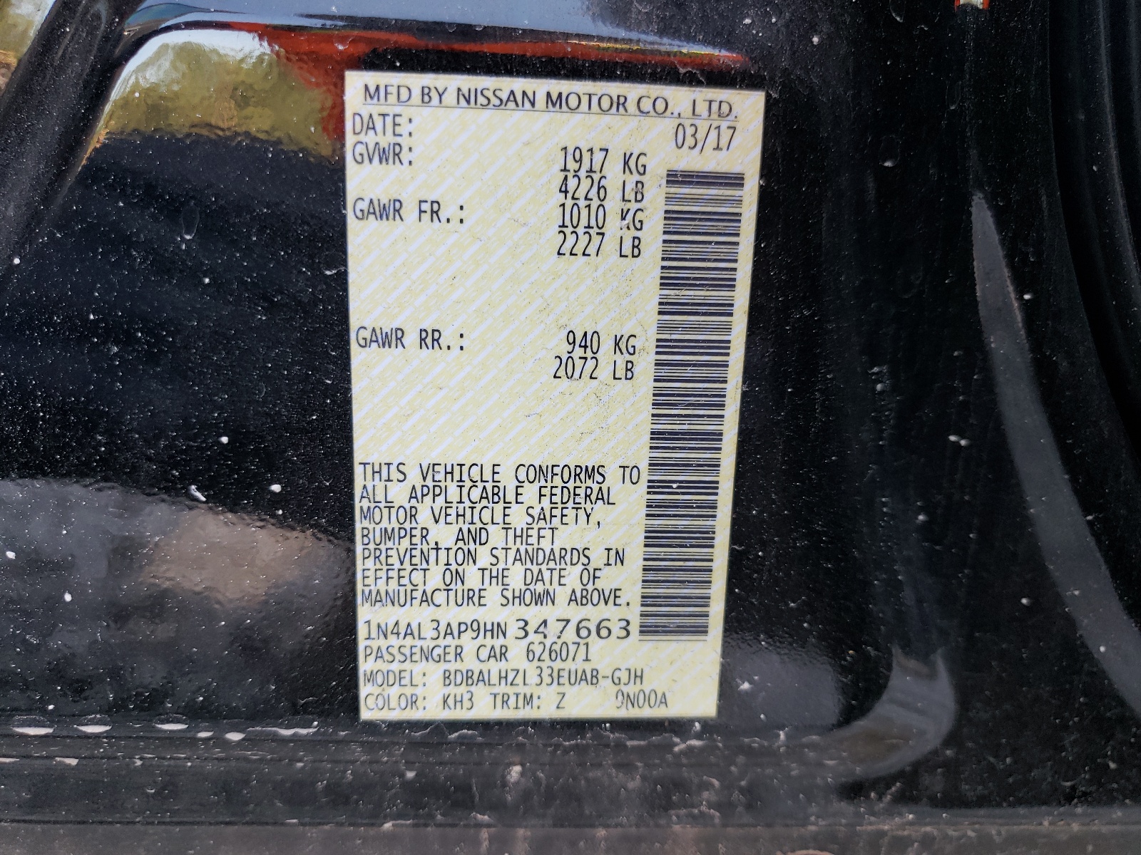 Photo 10 from auction – 2017 NISSAN ALTIMA 2.5 with VIN 1N4AL3AP9HN347663