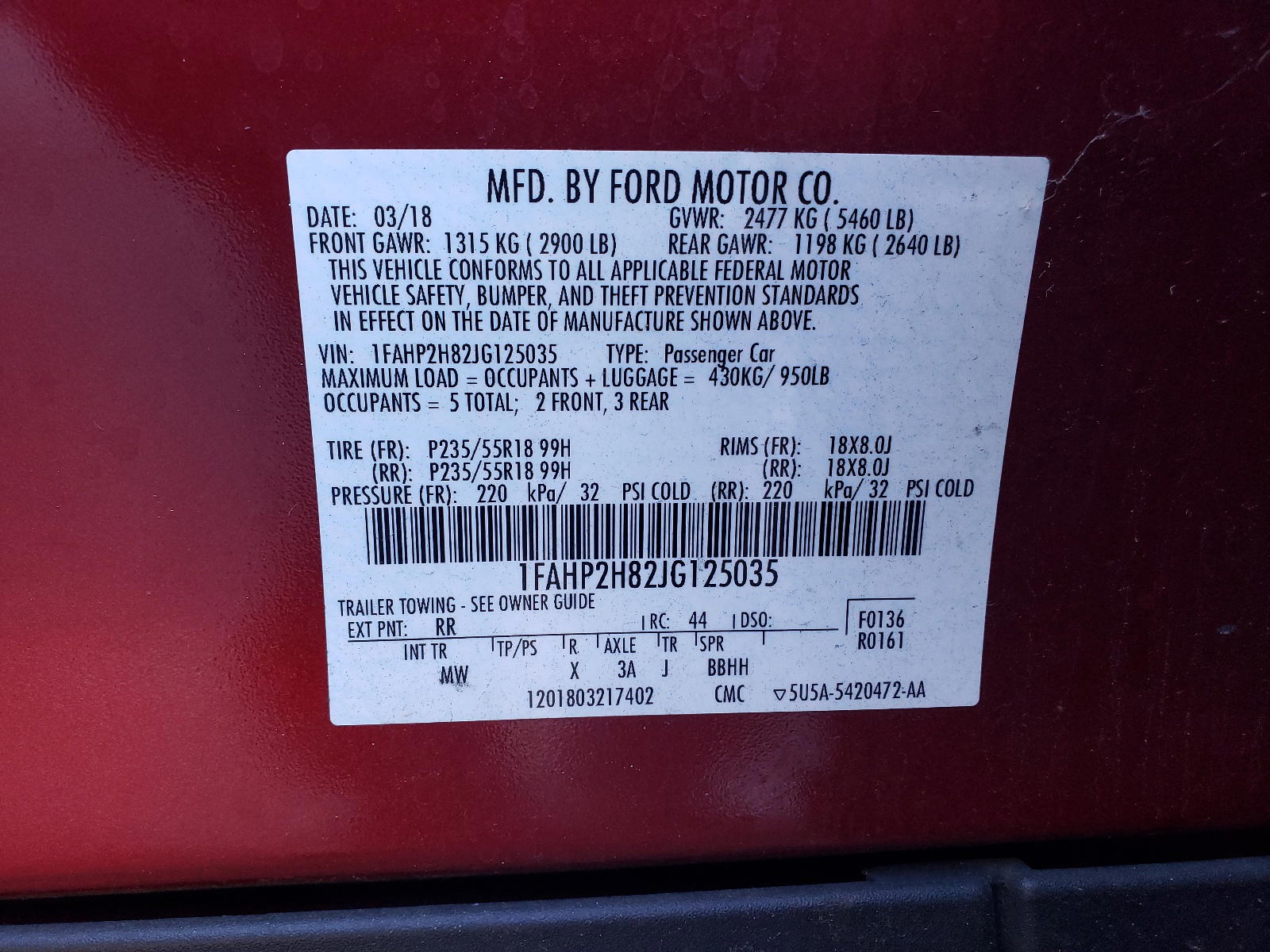 Photo 10 from auction – 2018 FORD TAURUS SEL with VIN 1FAHP2H82JG125035