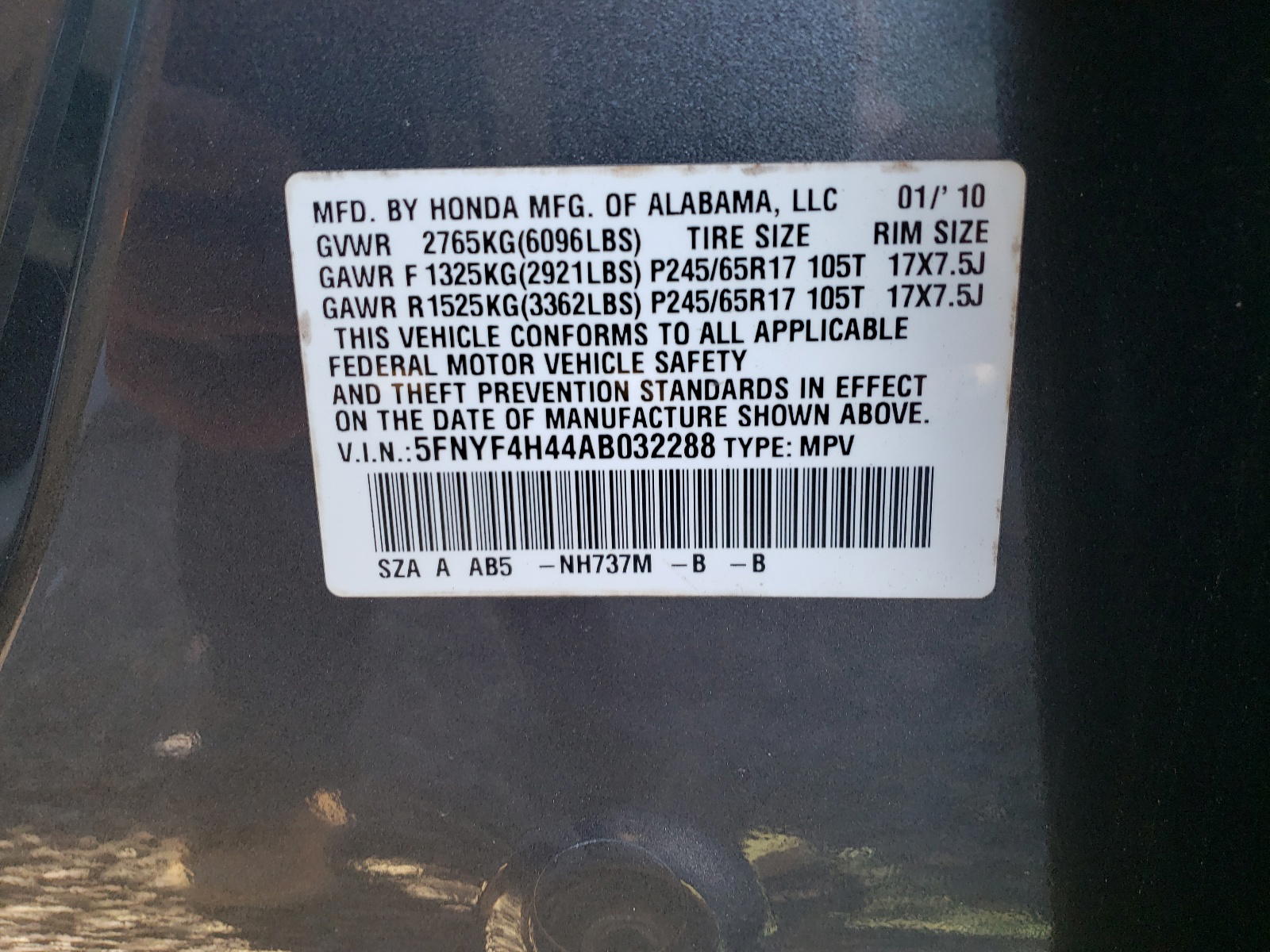 Photo 10 from auction – 2010 HONDA PILOT EX with VIN 5FNYF4H44AB032288