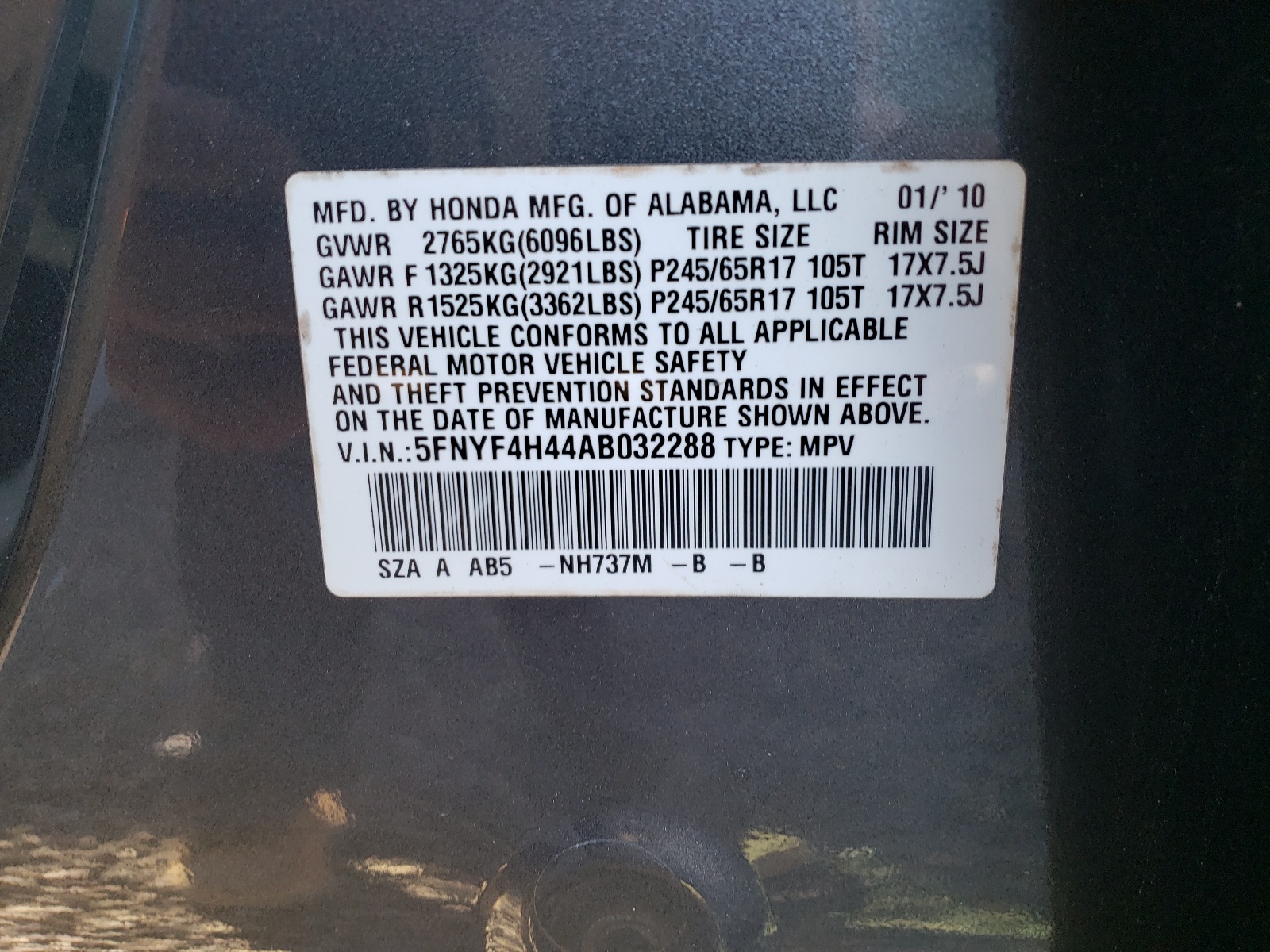 صورة رقم 10 من المزاد - 2010 HONDA PILOT EX مع VIN 5FNYF4H44AB032288