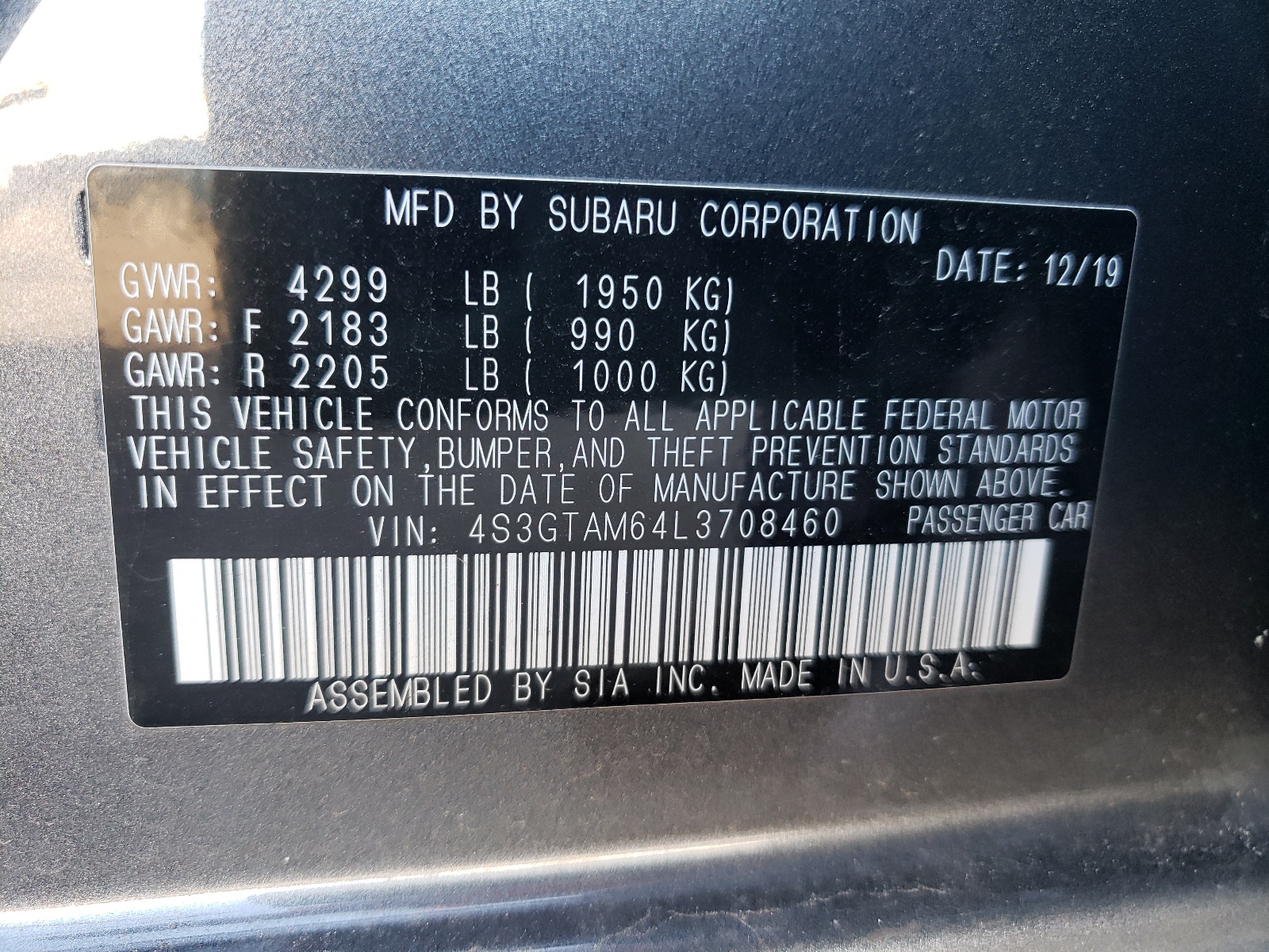 Photo 10 from auction – 2020 SUBARU IMPREZA SP with VIN 4S3GTAM64L3708460