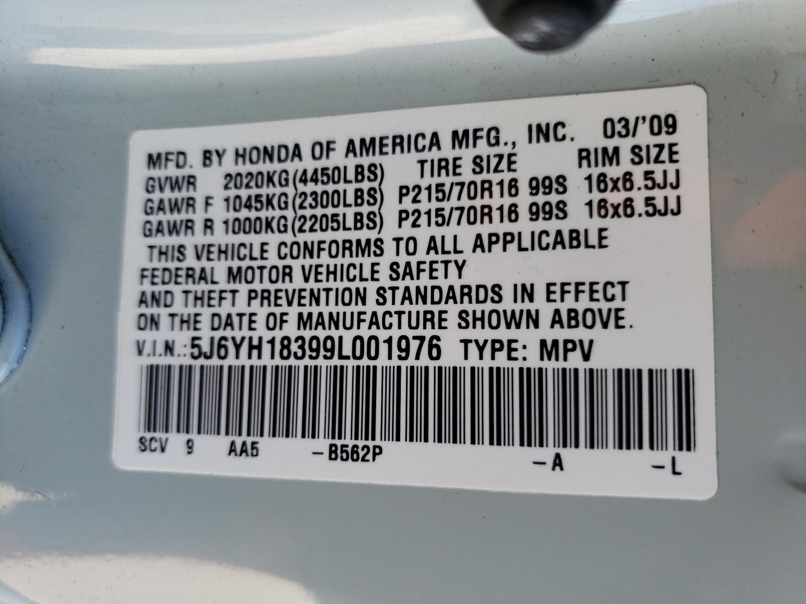 Photo 10 from auction – 2009 HONDA ELEMENT LX with VIN 5J6YH18399L001976
