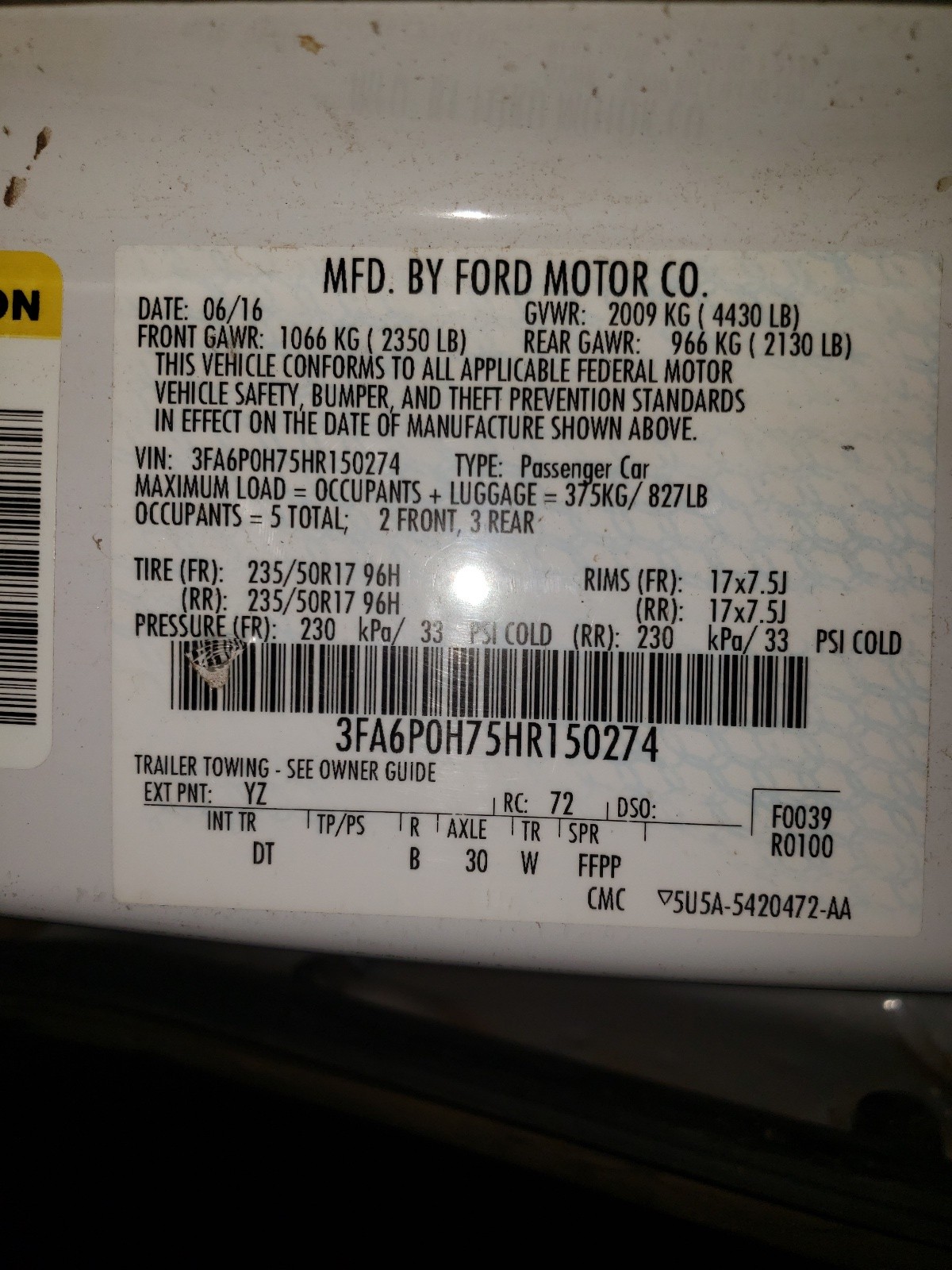 Photo 10 from auction – 2017 FORD FUSION SE with VIN 3FA6P0H75HR150274