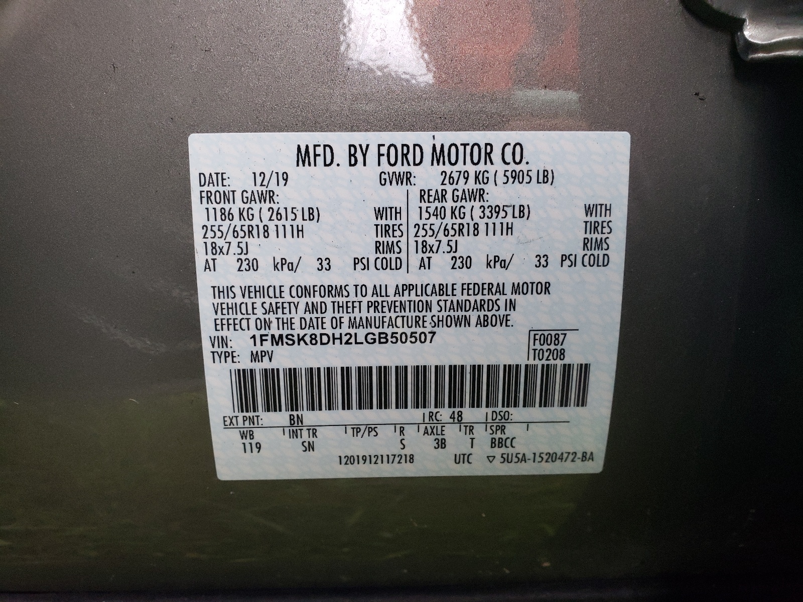 Photo 10 from auction – 2020 FORD EXPLORER X with VIN 1FMSK8DH2LGB50507