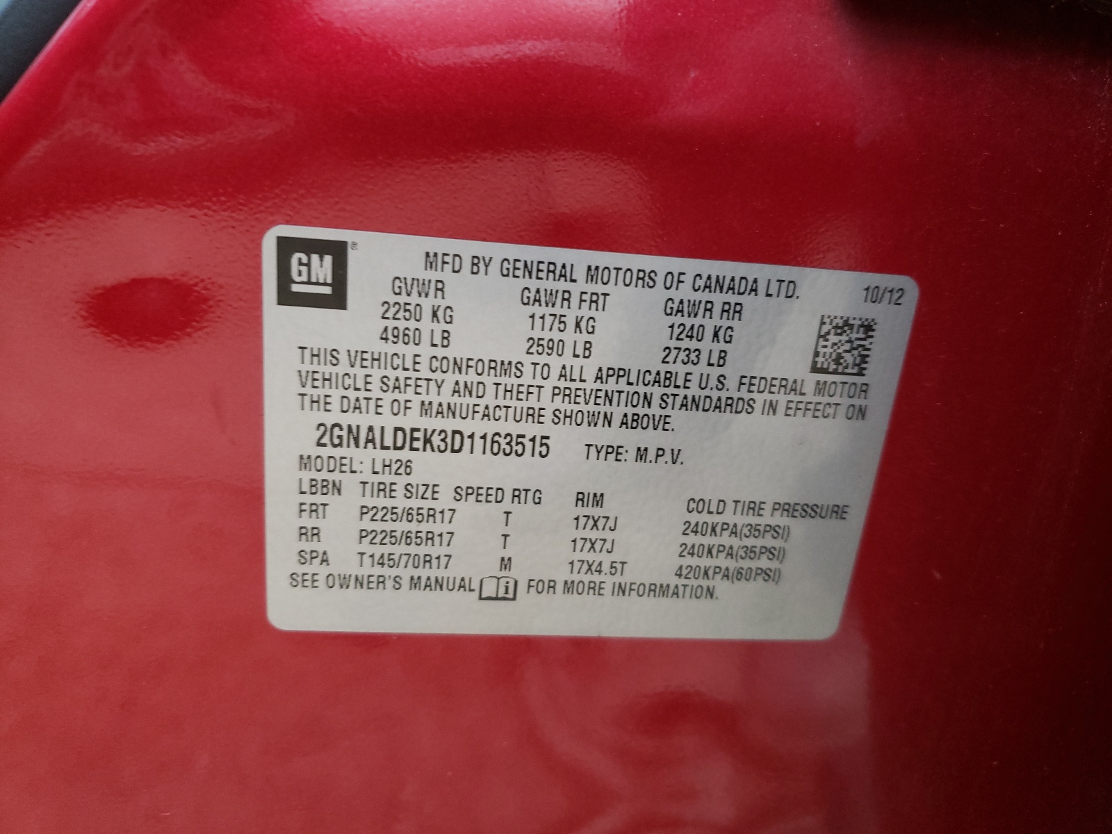 Photo 10 from auction – 2013 CHEVROLET EQUINOX LT with VIN 2GNALDEK3D1163515