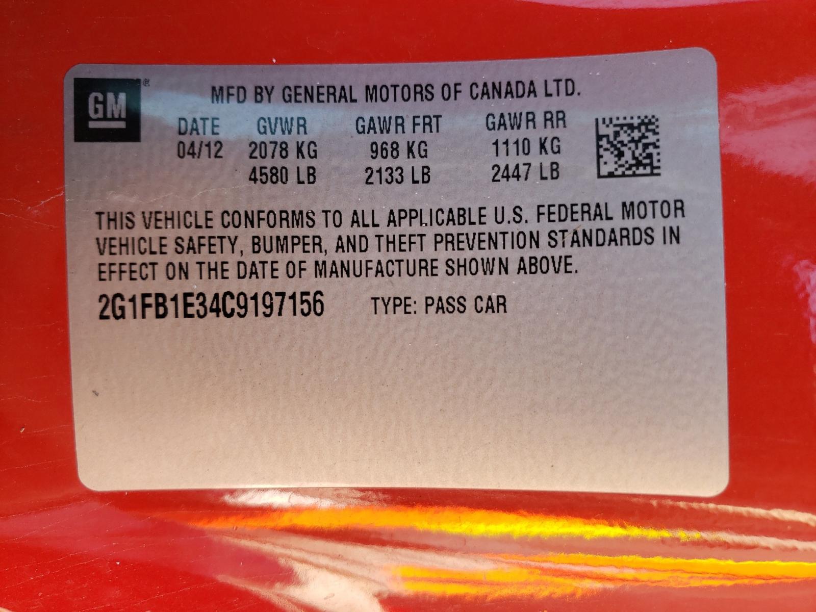 Photo 10 from auction – 2012 CHEVROLET CAMARO LT with VIN 2G1FB1E34C9197156