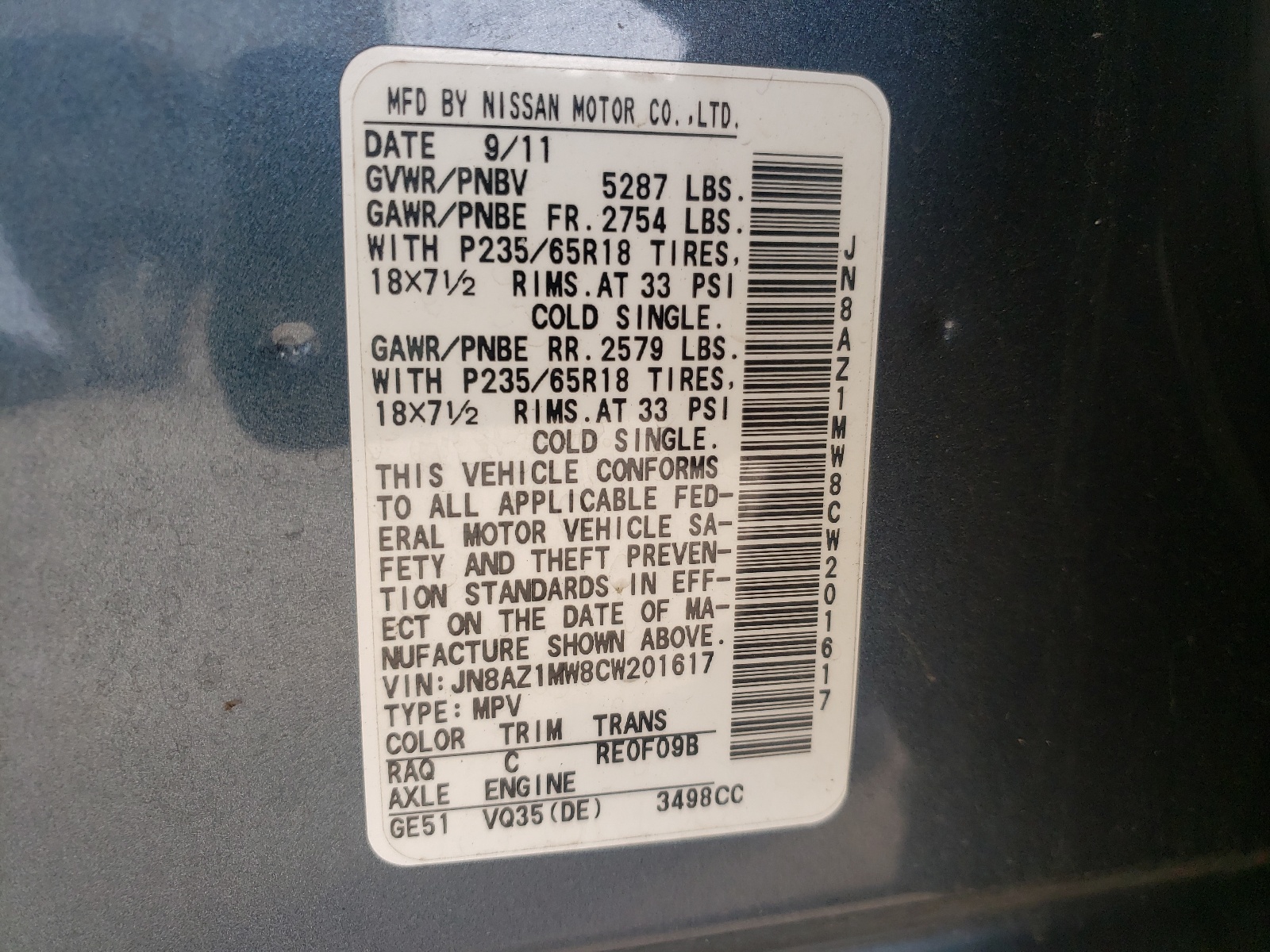 Photo 10 from auction – 2012 NISSAN MURANO with VIN JN8AZ1MW8CW201617