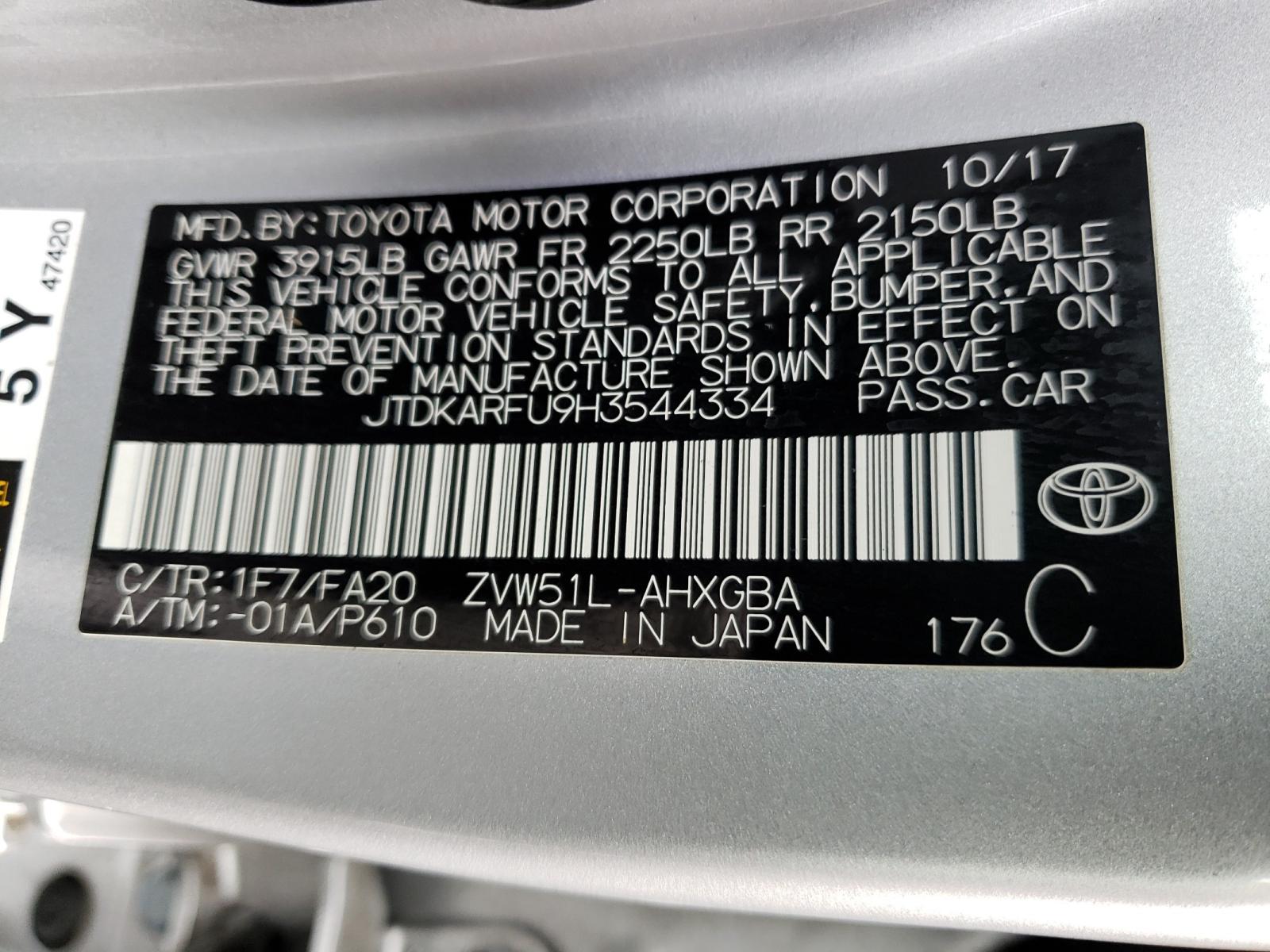 Photo 10 from auction – 2017 TOYOTA PRIUS with VIN JTDKARFU9H3544334
