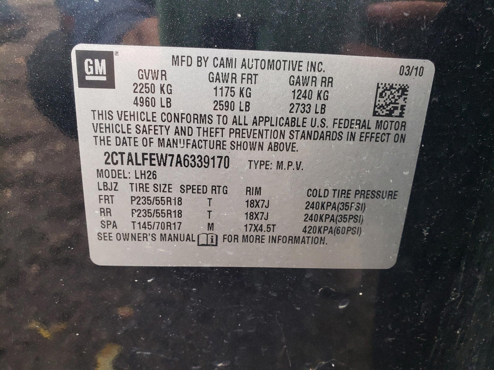 Photo 10 from auction – 2010 GMC TERRAIN SL with VIN 2CTALFEW7A6339170