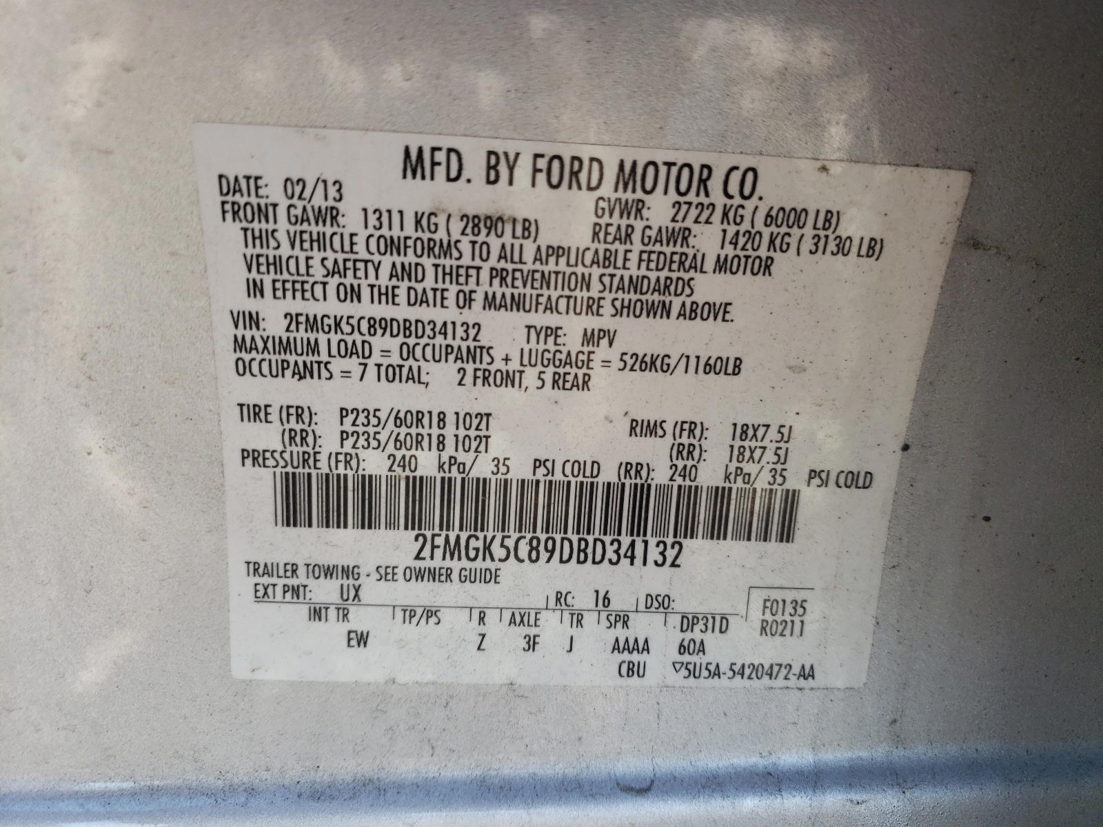 Photo 10 from auction – 2013 FORD FLEX SEL with VIN 2FMGK5C89DBD34132