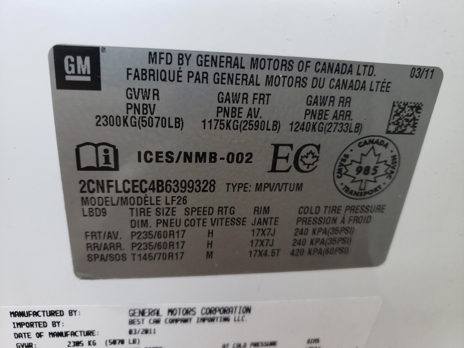 Photo 10 from auction – 2011 CHEVROLET EQUINOX LS with VIN 2CNFLCEC4B6399328