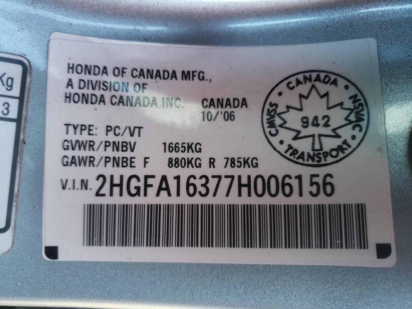 Photo 10 from auction – 2007 HONDA CIVIC DX with VIN 2HGFA16377H006156