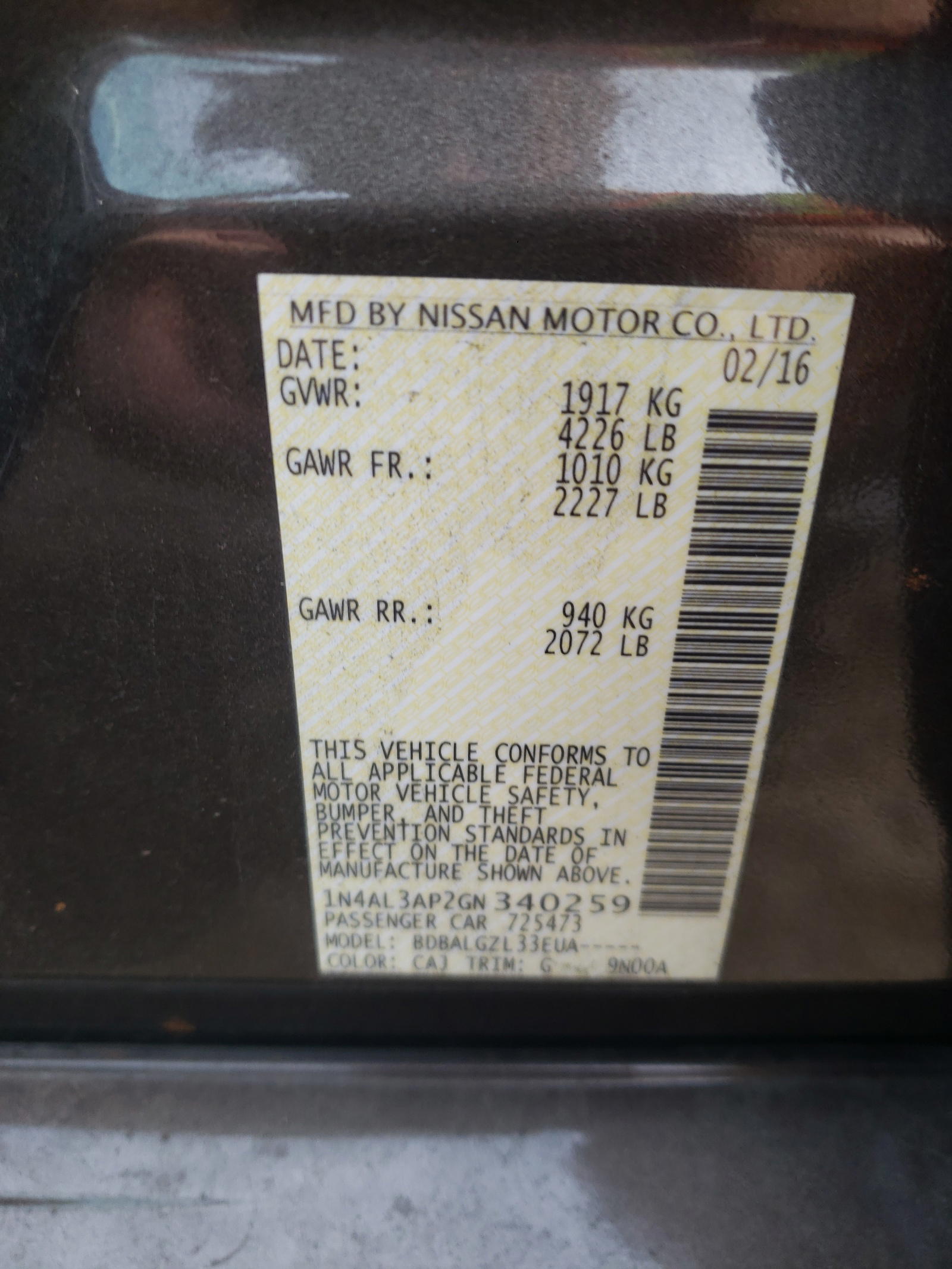 Photo 10 from auction – 2016 NISSAN ALTIMA 2.5 with VIN 1N4AL3AP2GN340259