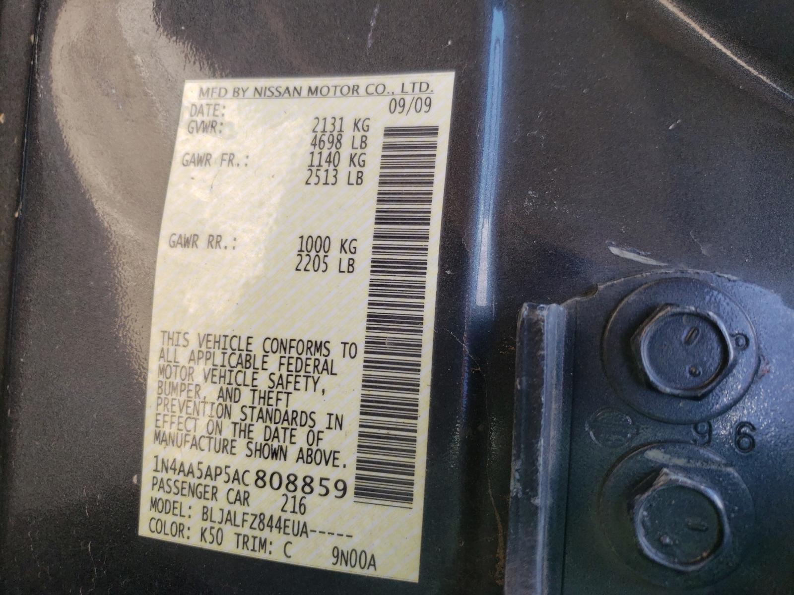 Photo 10 from auction – 2010 NISSAN MAXIMA S with VIN 1N4AA5AP5AC808859