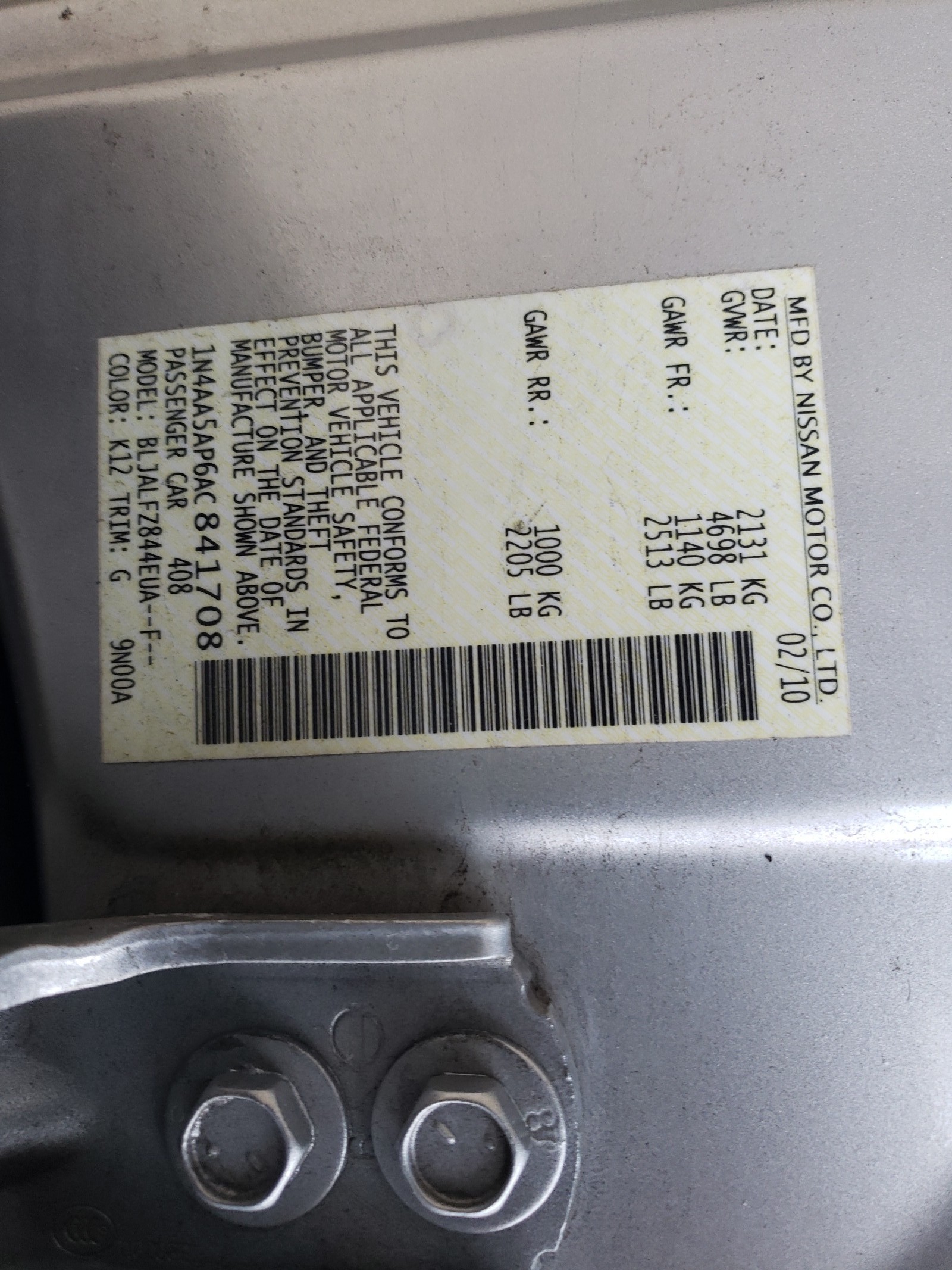 Photo 10 from auction – 2010 NISSAN MAXIMA S with VIN 1N4AA5AP6AC841708