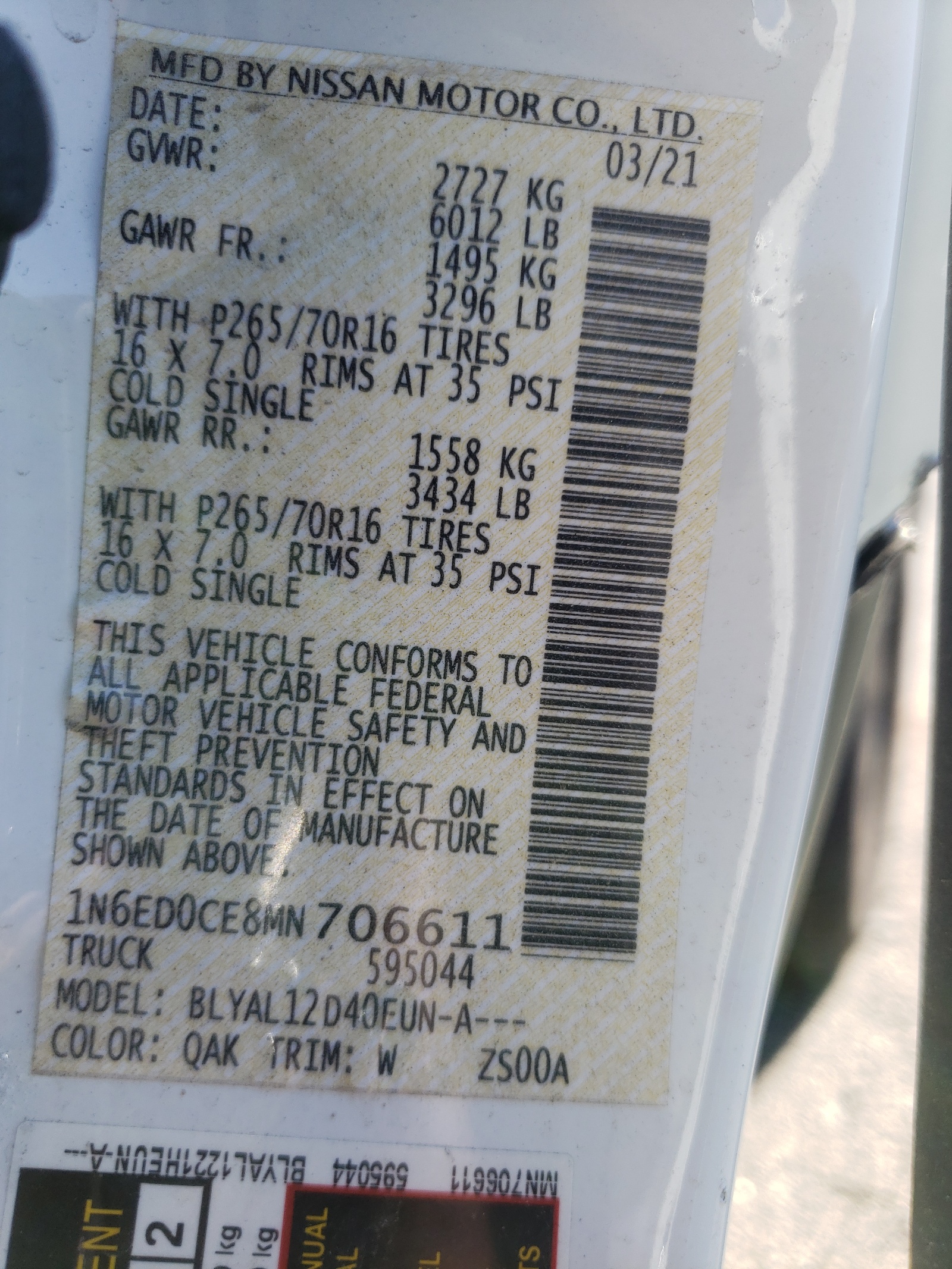 Photo 10 from auction – 2021 NISSAN FRONTIER S with VIN 1N6ED0CE8MN706611