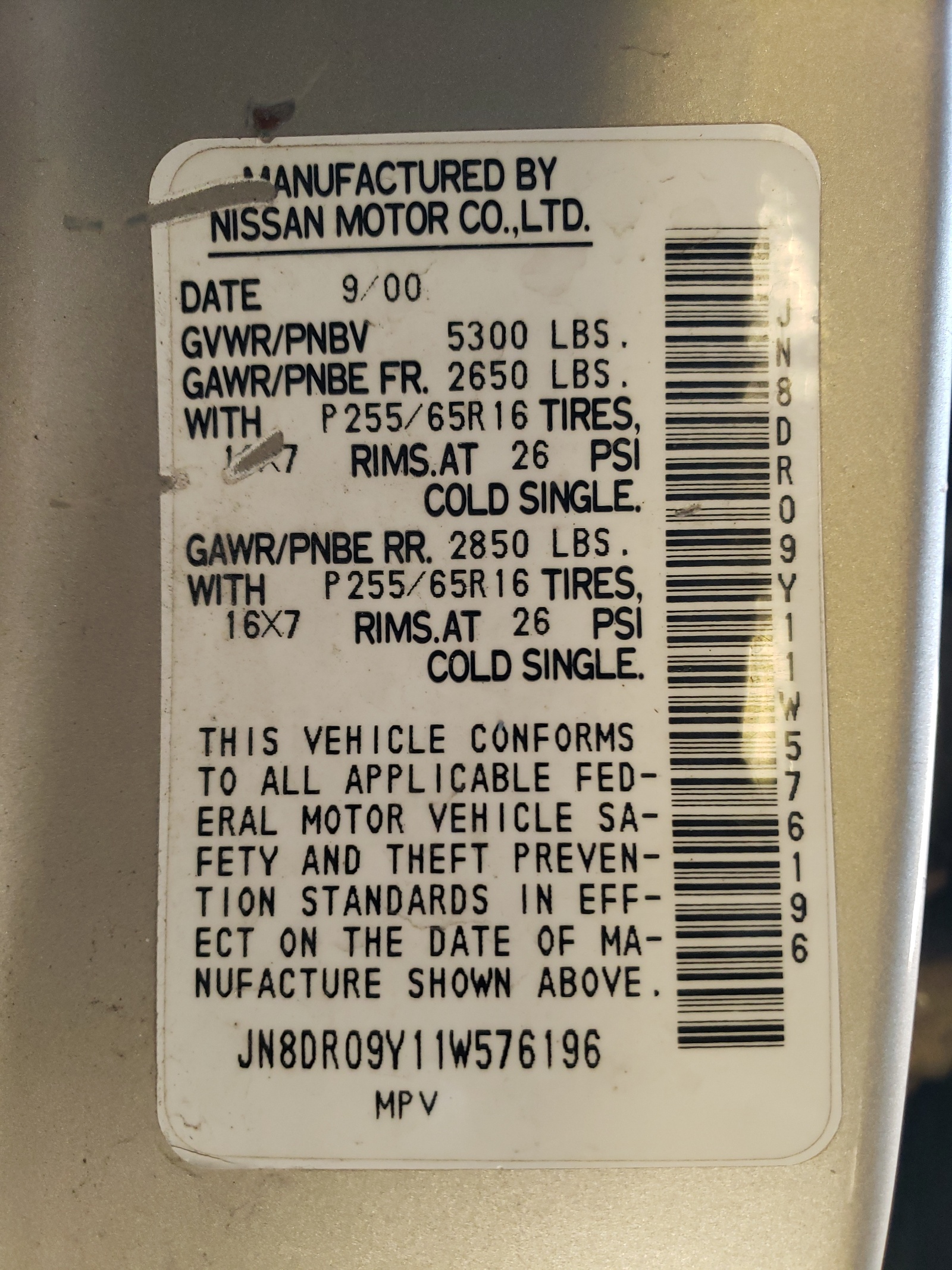 Photo 10 from auction – 2001 NISSAN PATHFINDER with VIN JN8DR09Y11W576196