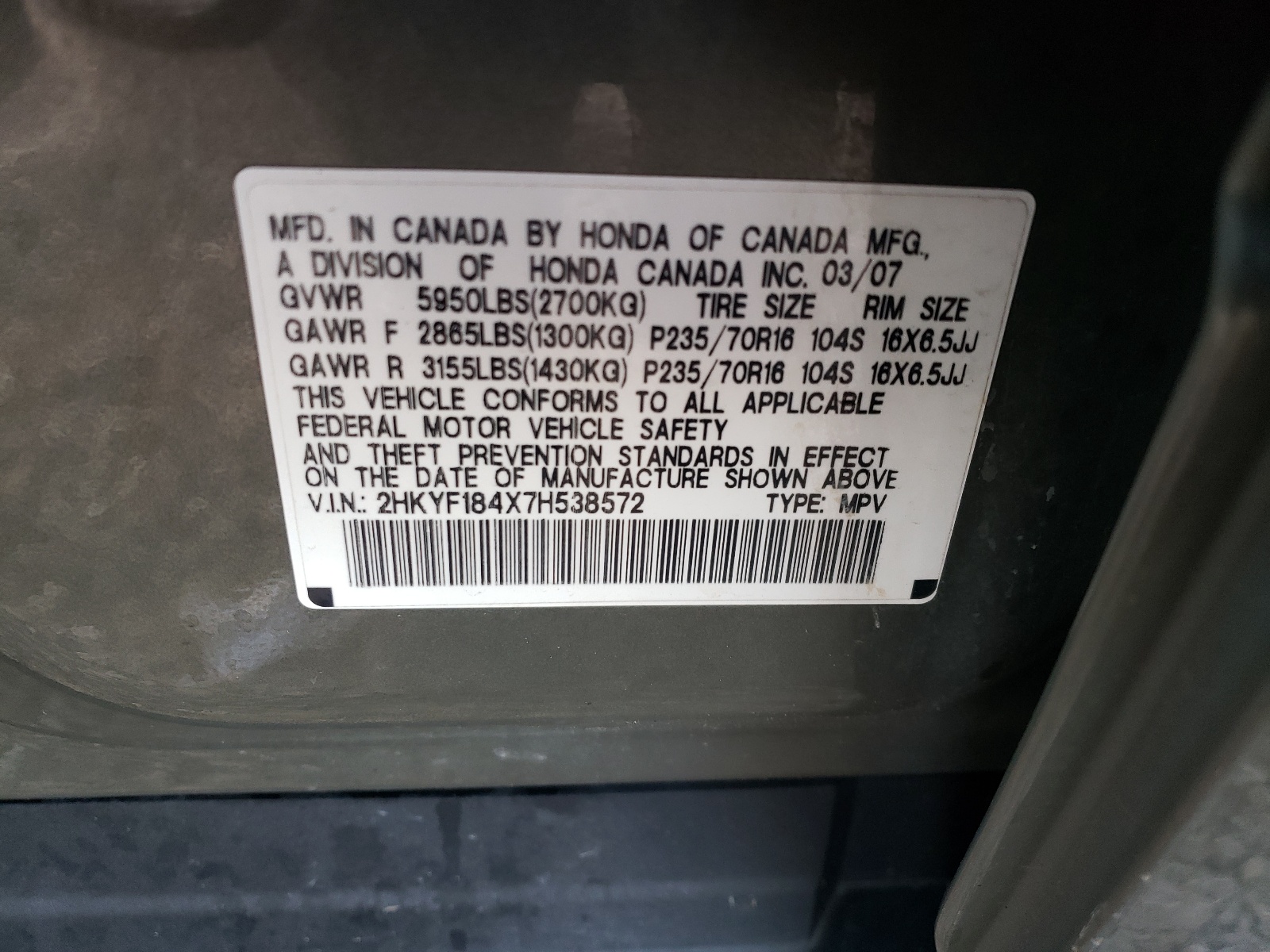 Photo 10 from auction – 2007 HONDA PILOT EX with VIN 2HKYF184X7H538572