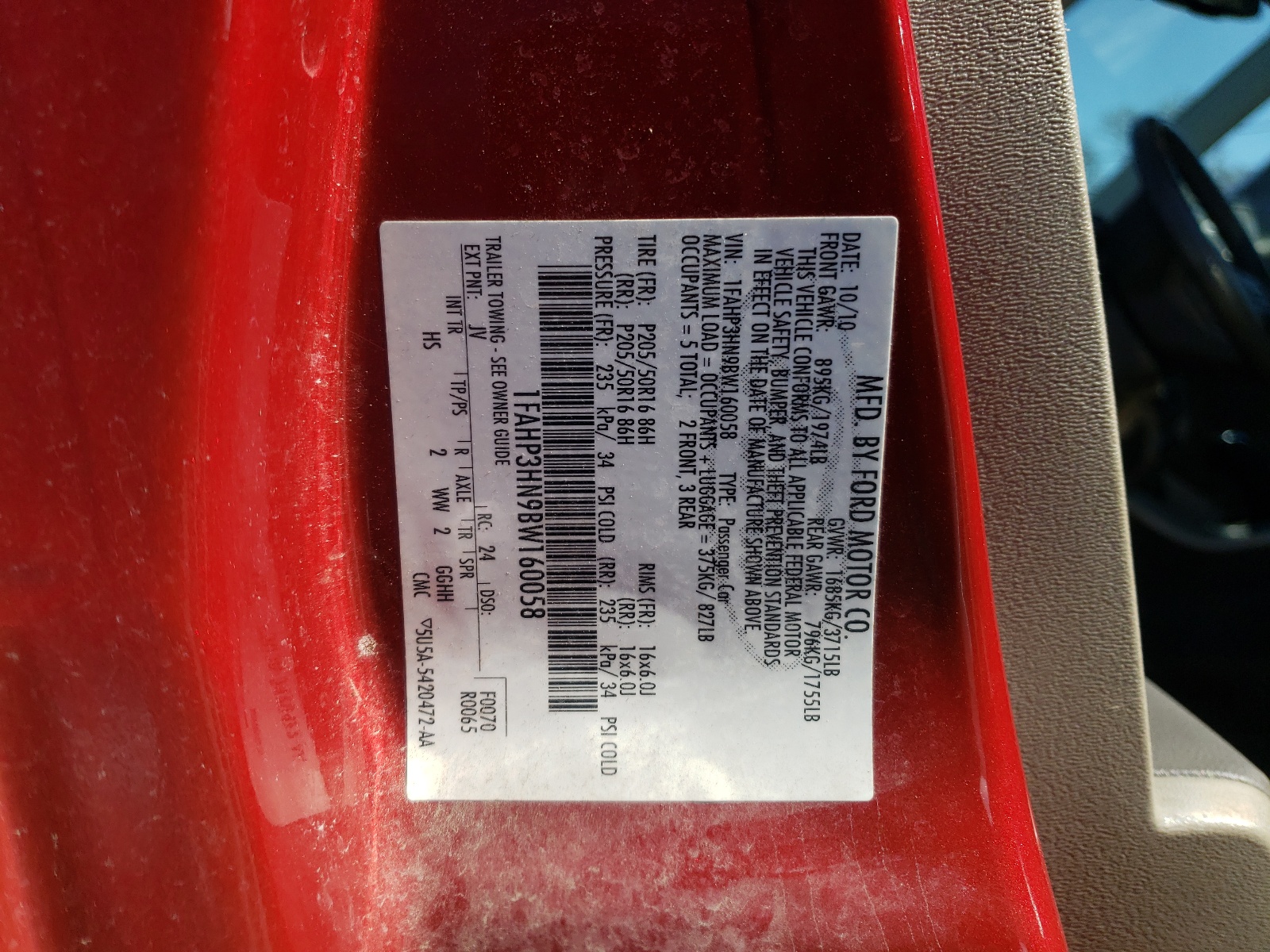 Photo 10 from auction – 2011 FORD FOCUS SEL with VIN 1FAHP3HN9BW160058