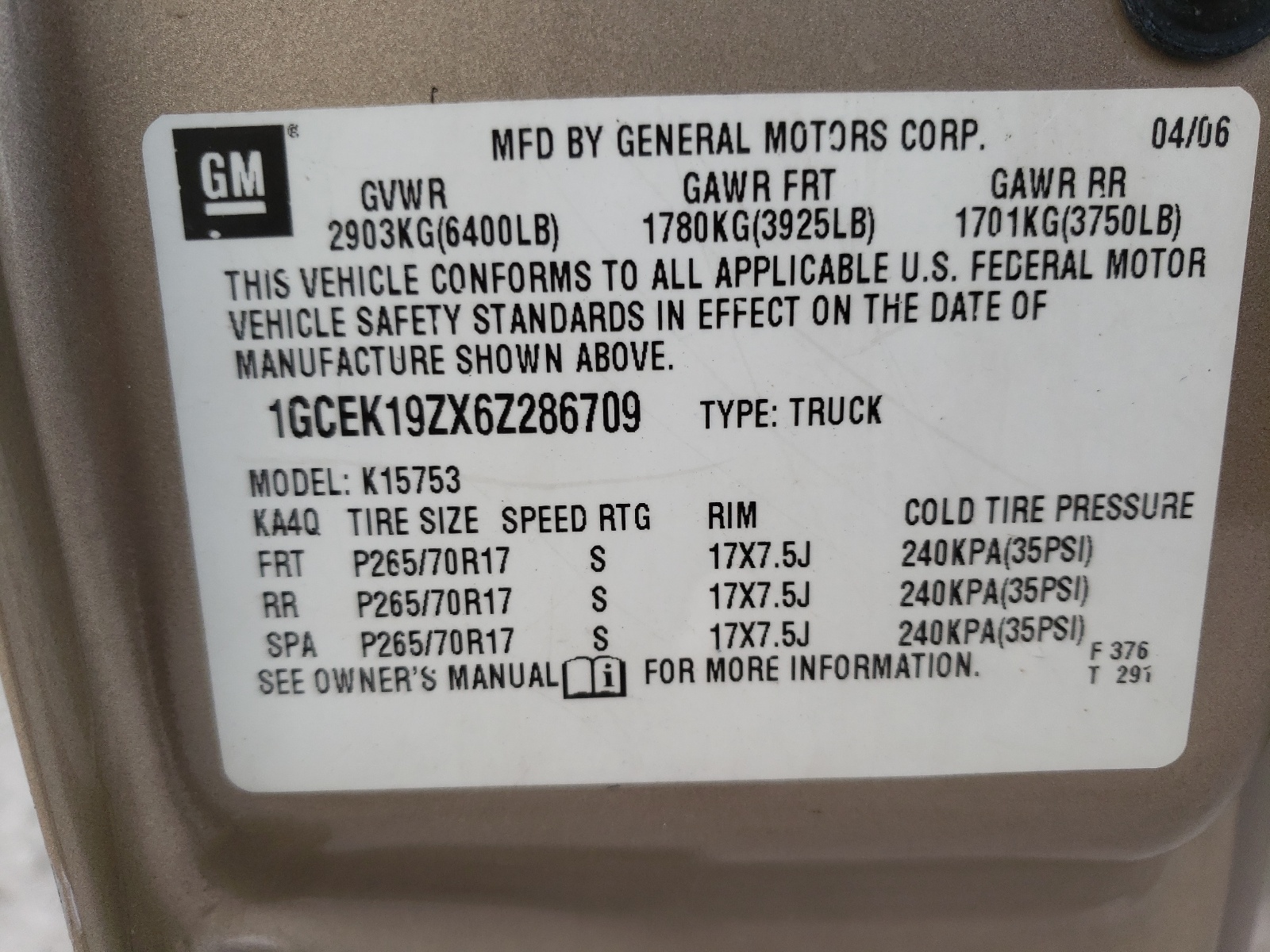 Photo 10 from auction – 2006 CHEVROLET SILVERADO with VIN 1GCEK19ZX6Z286709