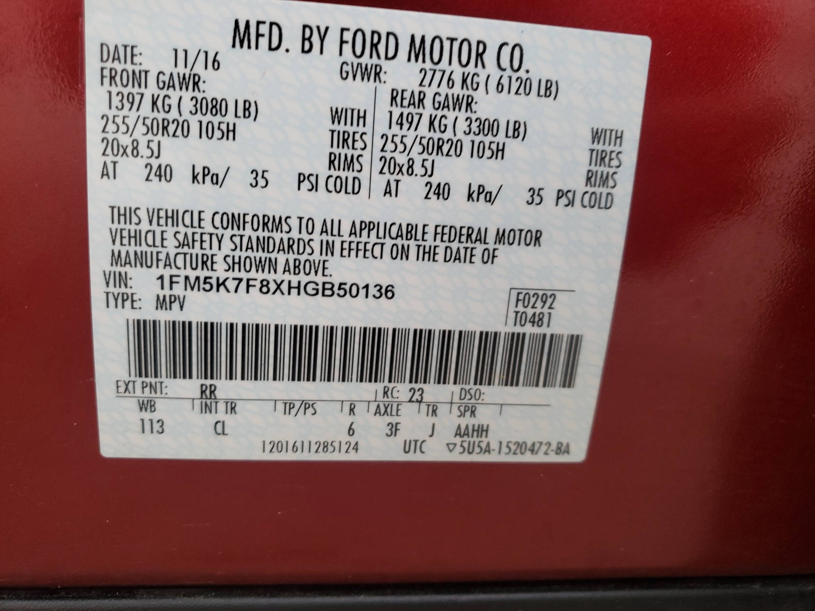 Photo 10 from auction – 2017 FORD EXPLORER L with VIN 1FM5K7F8XHGB50136