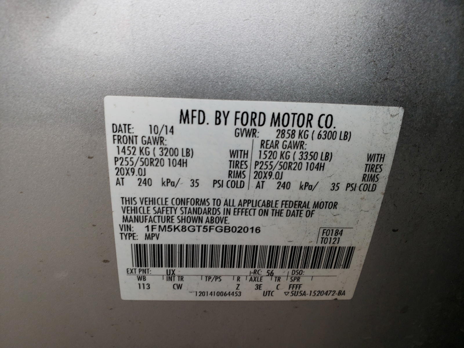 Photo 10 from auction – 2015 FORD EXPLORER S with VIN 1FM5K8GT5FGB02016