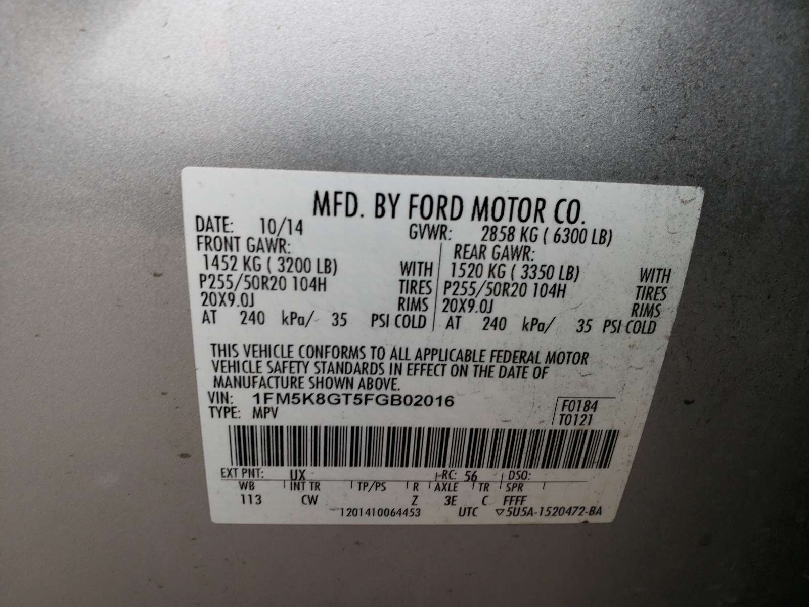 Foto 10 de la subasta – 2015 FORD EXPLORER S con VIN 1FM5K8GT5FGB02016