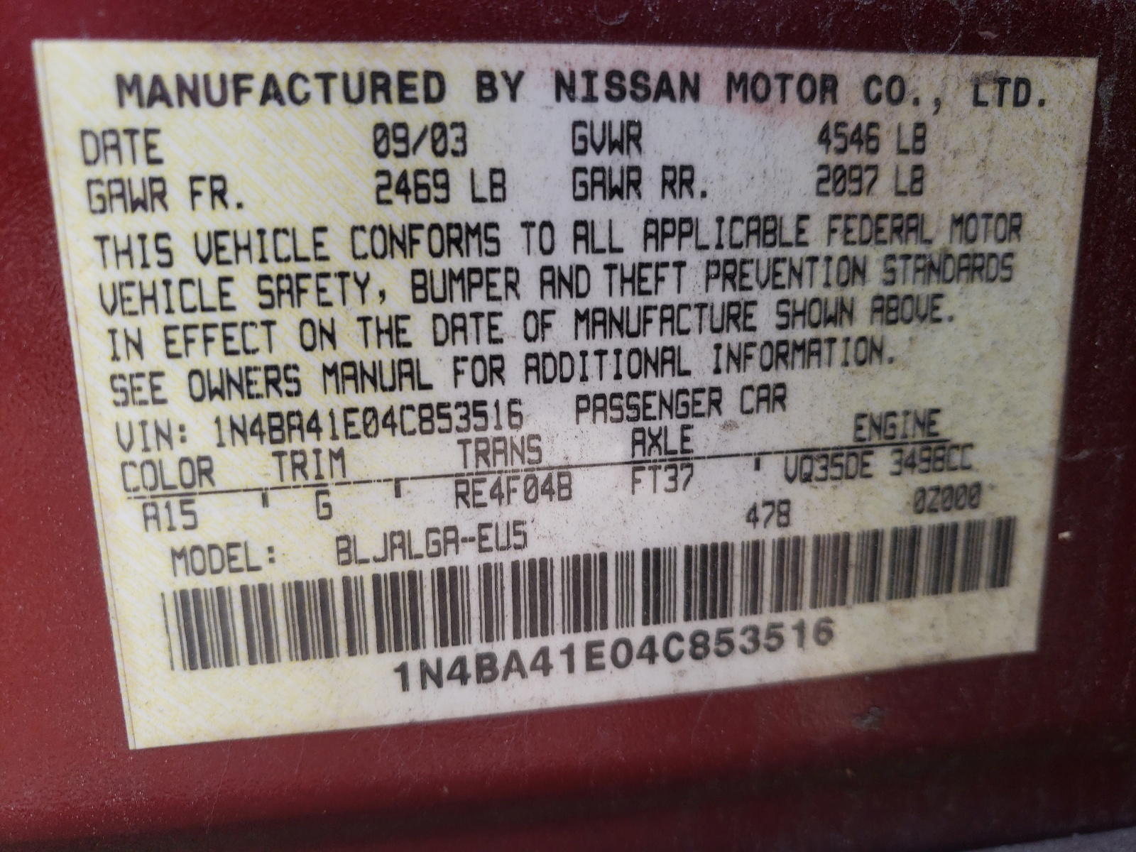 Photo 10 from auction – 2004 NISSAN MAXIMA SE with VIN 1N4BA41E04C853516