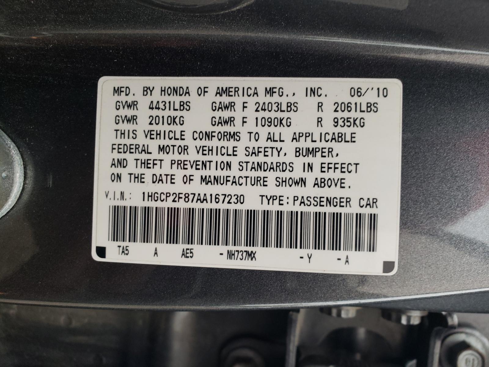 Photo 10 from auction – 2010 HONDA ACCORD EXL with VIN 1HGCP2F87AA167230