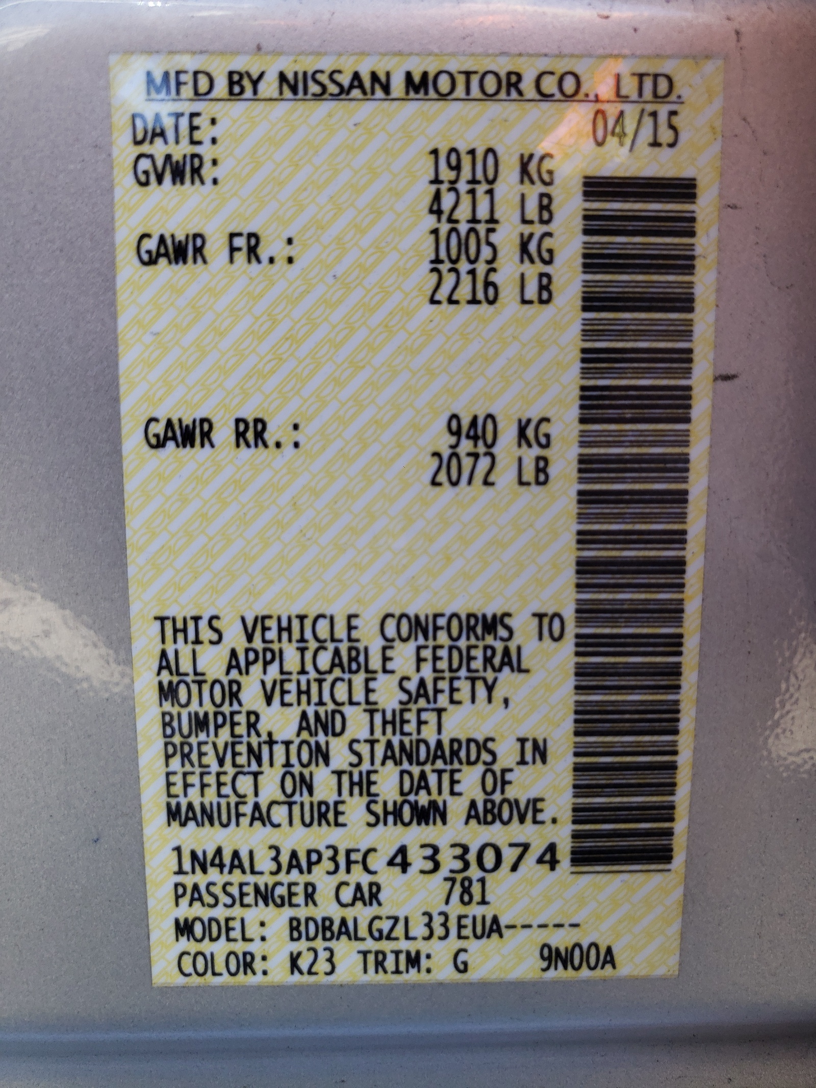 Photo 10 from auction – 2015 NISSAN ALTIMA 2.5 with VIN 1N4AL3AP3FC433074
