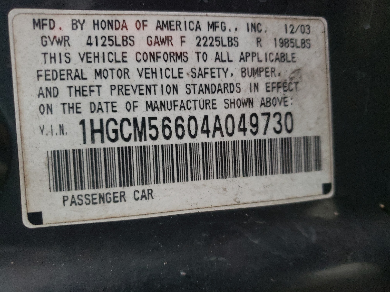 Photo 10 from auction – 2004 HONDA ACCORD EX with VIN 1HGCM56604A049730