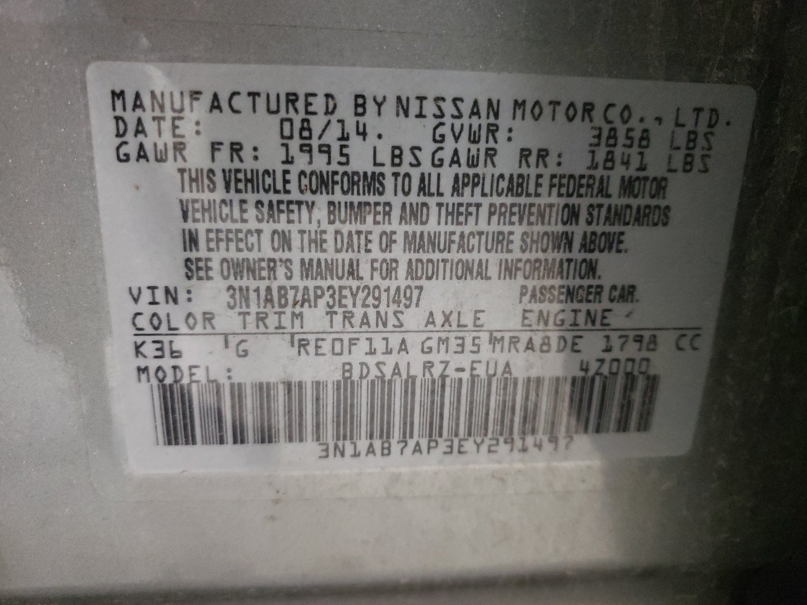Photo 10 from auction – 2014 NISSAN SENTRA S with VIN 3N1AB7AP3EY291497