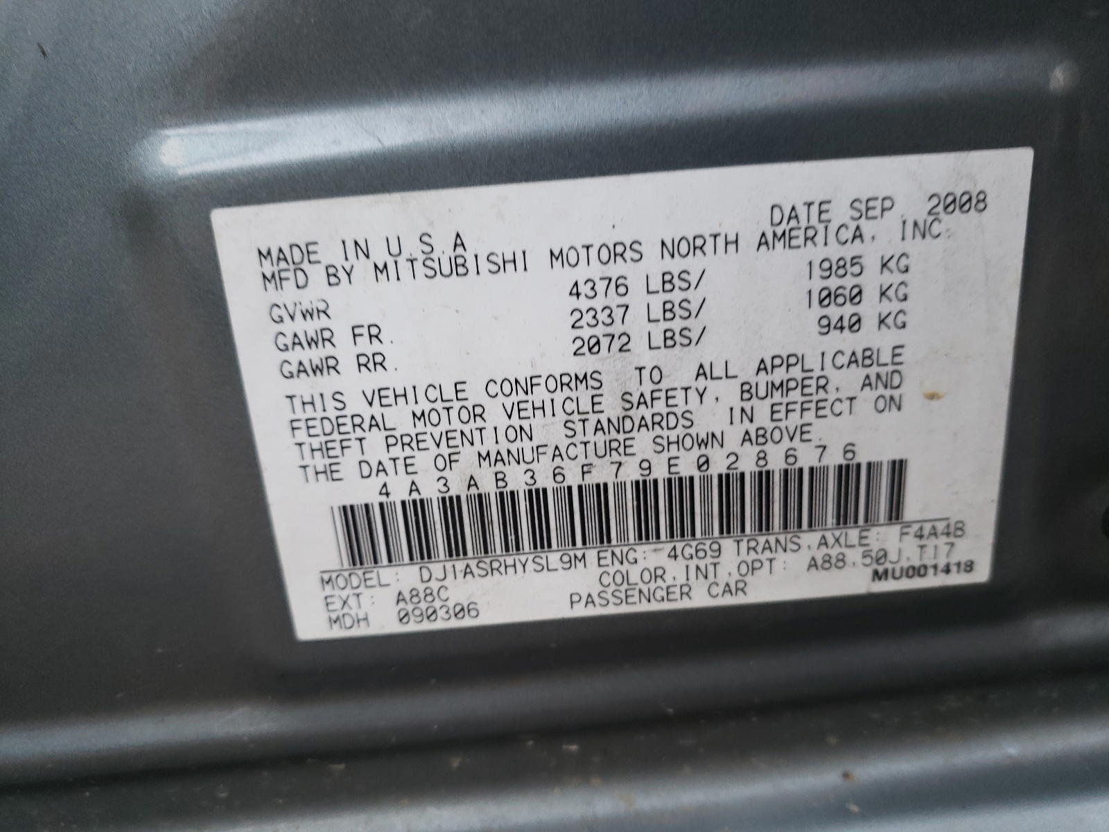 Photo 10 from auction – 2009 MITSUBISHI GALANT with VIN 4A3AB36F79E028676