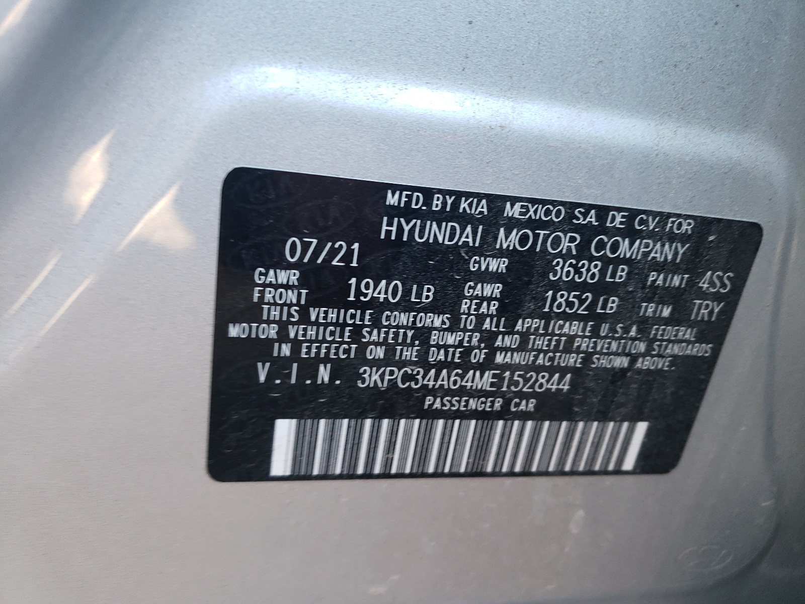 Photo 10 from auction – 2021 HYUNDAI ACCENT LIM with VIN 3KPC34A64ME152844