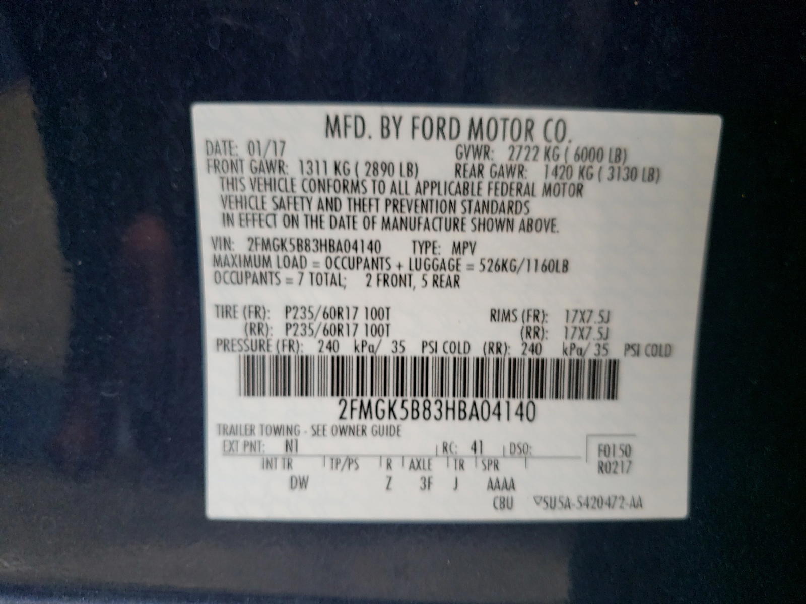 Photo 10 from auction – 2017 FORD FLEX with VIN 2FMGK5B83HBA04140