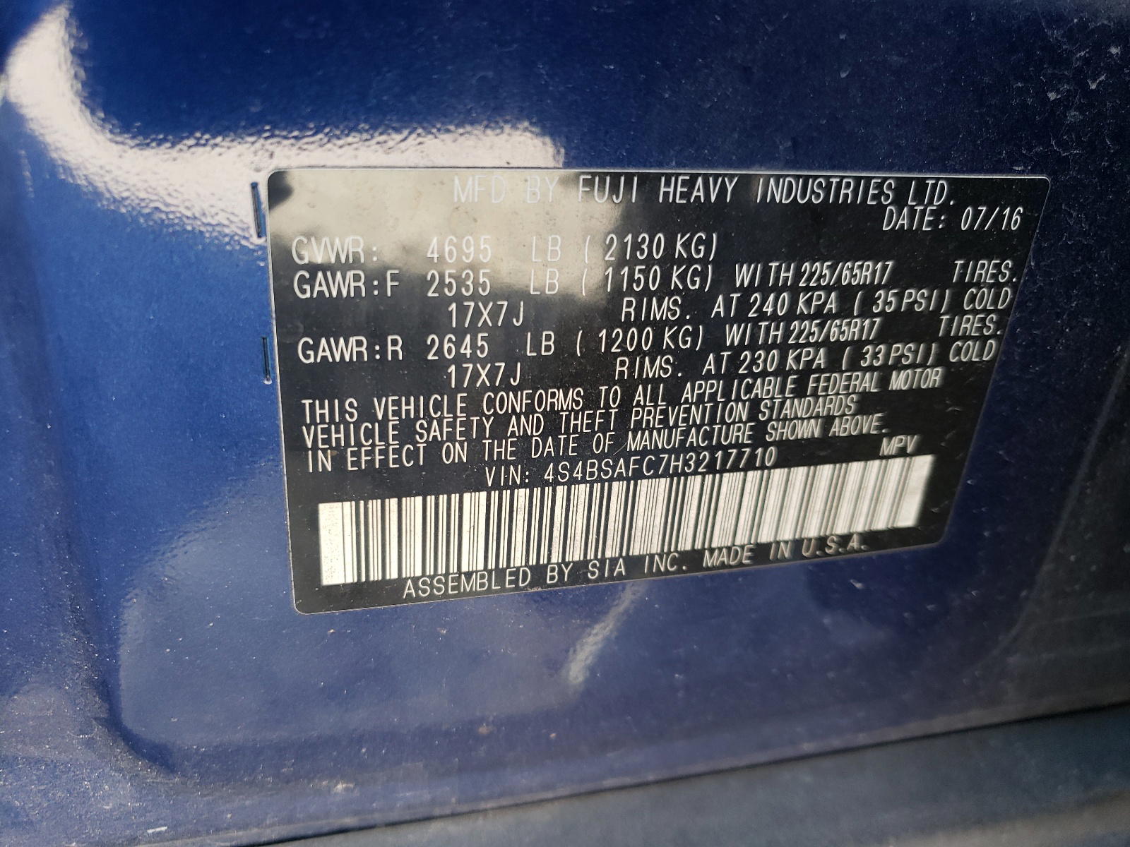 Photo 10 from auction – 2017 SUBARU OUTBACK 2. with VIN 4S4BSAFC7H3217710