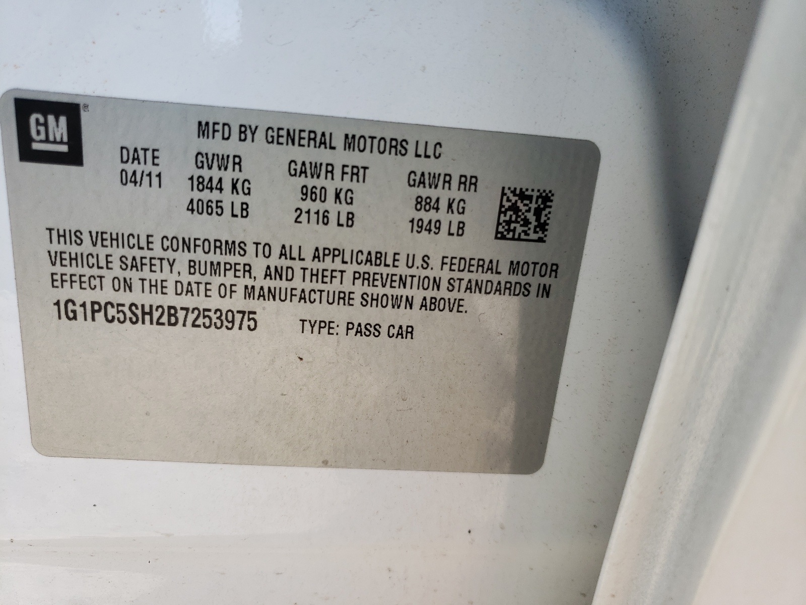 Photo 10 from auction – 2011 CHEVROLET CRUZE LS with VIN 1G1PC5SH2B7253975