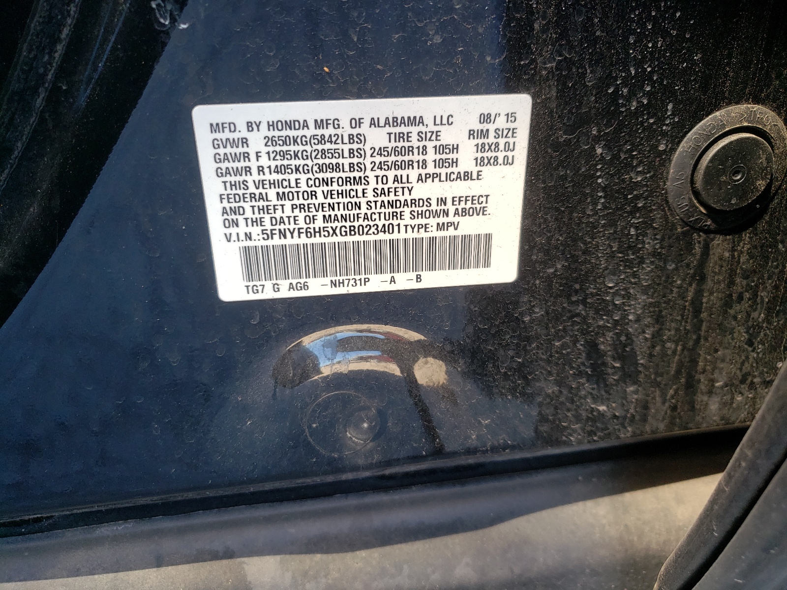 Photo 10 from auction – 2016 HONDA PILOT EXL with VIN 5FNYF6H5XGB023401